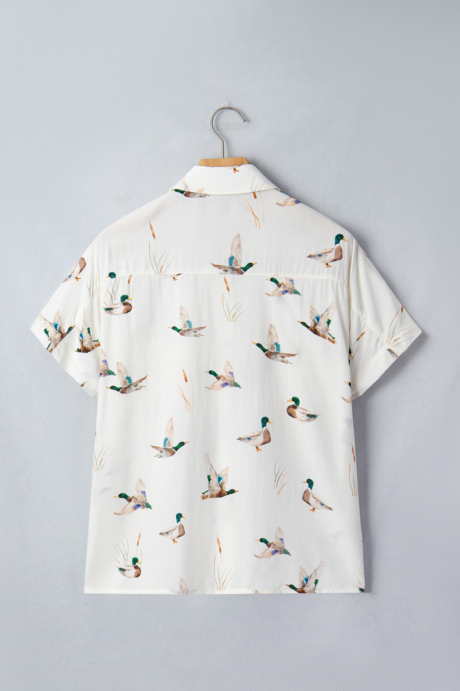White Mallard Print Button Flap Pocket Short Sleeve Shirt | UK 8–22