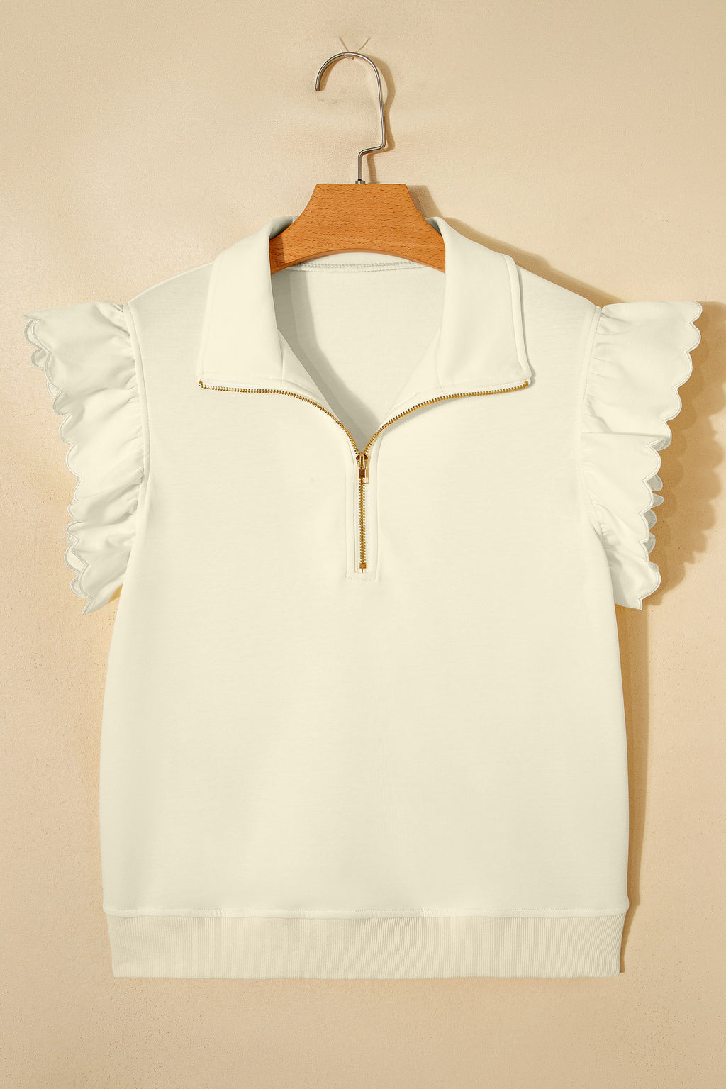 LivelyLooks Zip-Up Collared Ruffled Short Sleeve Blouse women's fashion