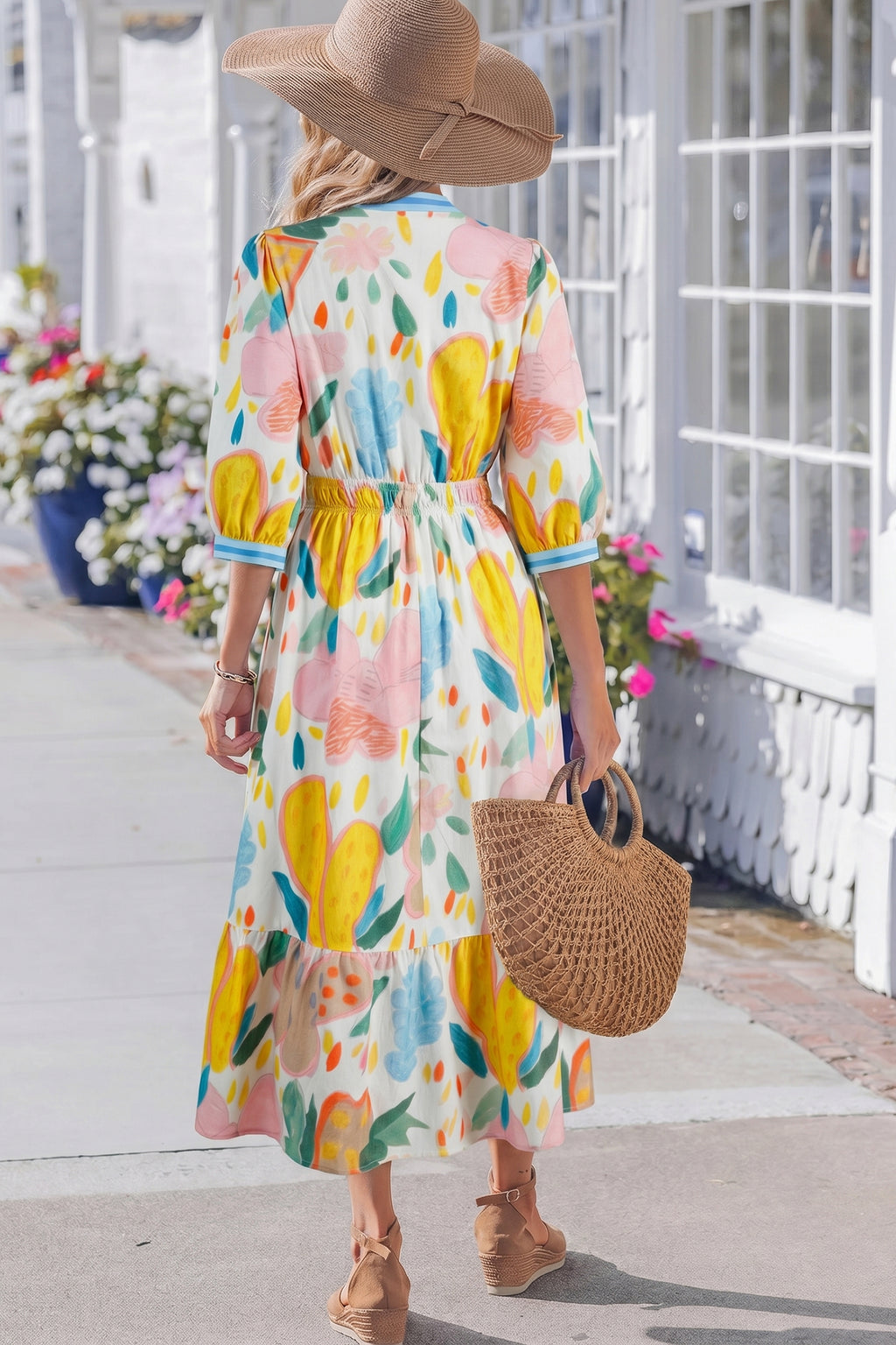 Multicolour Floral Doodle Print Striped Trim V Neck Midi Dress S-XL