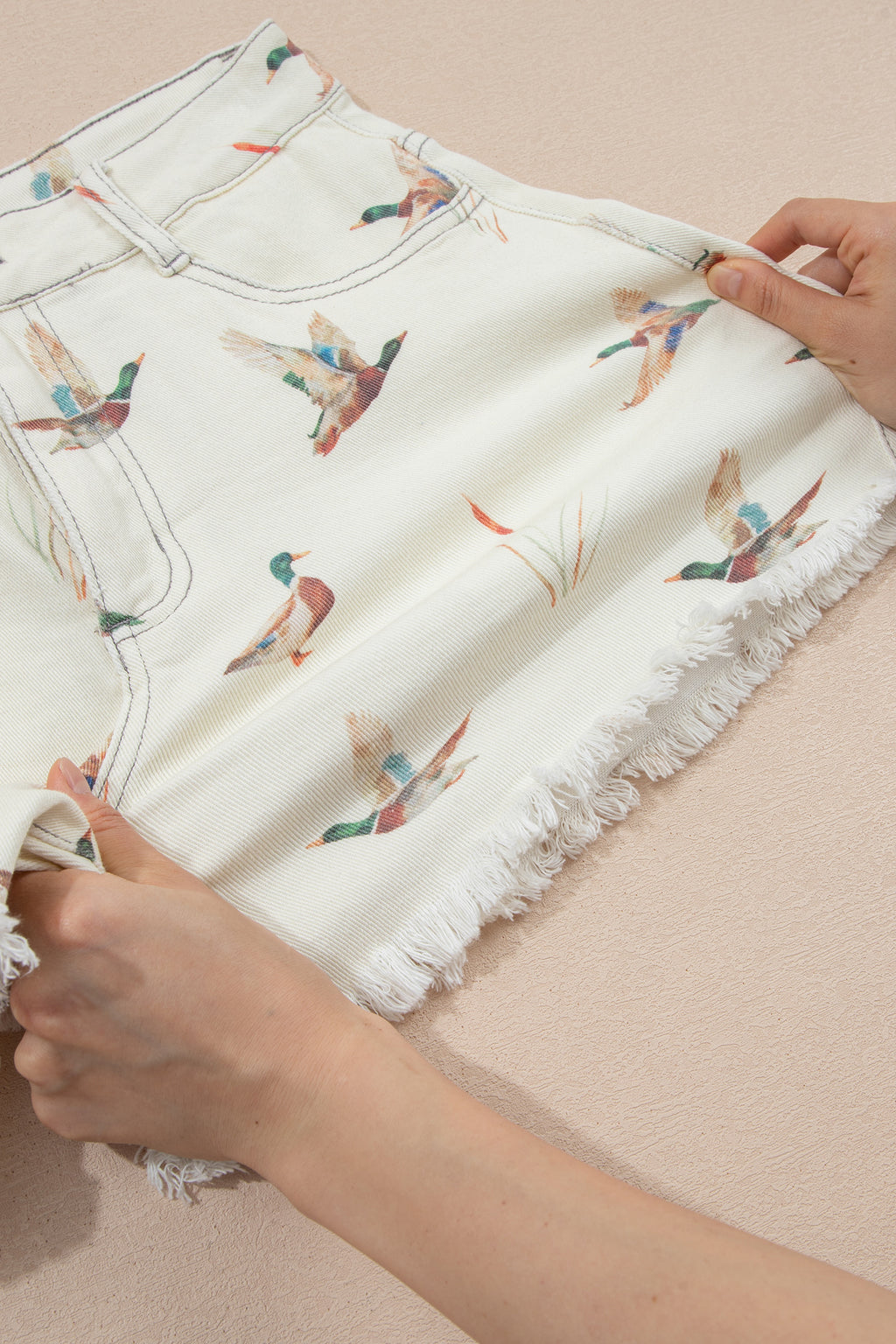 Beige Mallard Print High Waist Frayed Hem Denim Shorts UK 4-16