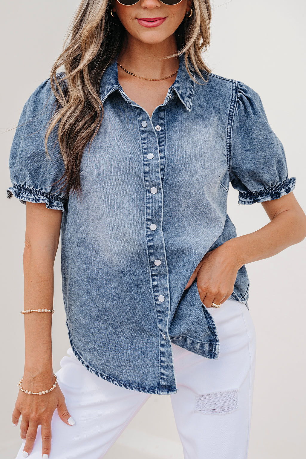 LivelyLooks Beau Blue Frilled Short Sleeve Snap Button Denim Shirt women's fashion