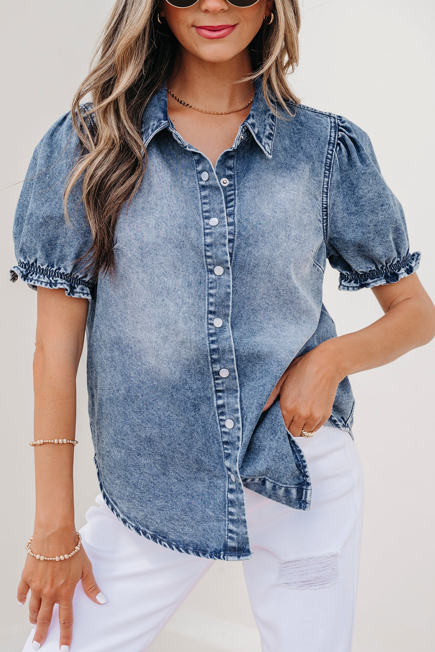 LivelyLooks Beau Blue Frilled Short Sleeve Snap Button Denim Shirt women's fashion