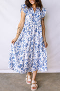 Women's Blue Ruffled Short Sleeve Tiered Floral Midi Dress at LivelyLooks