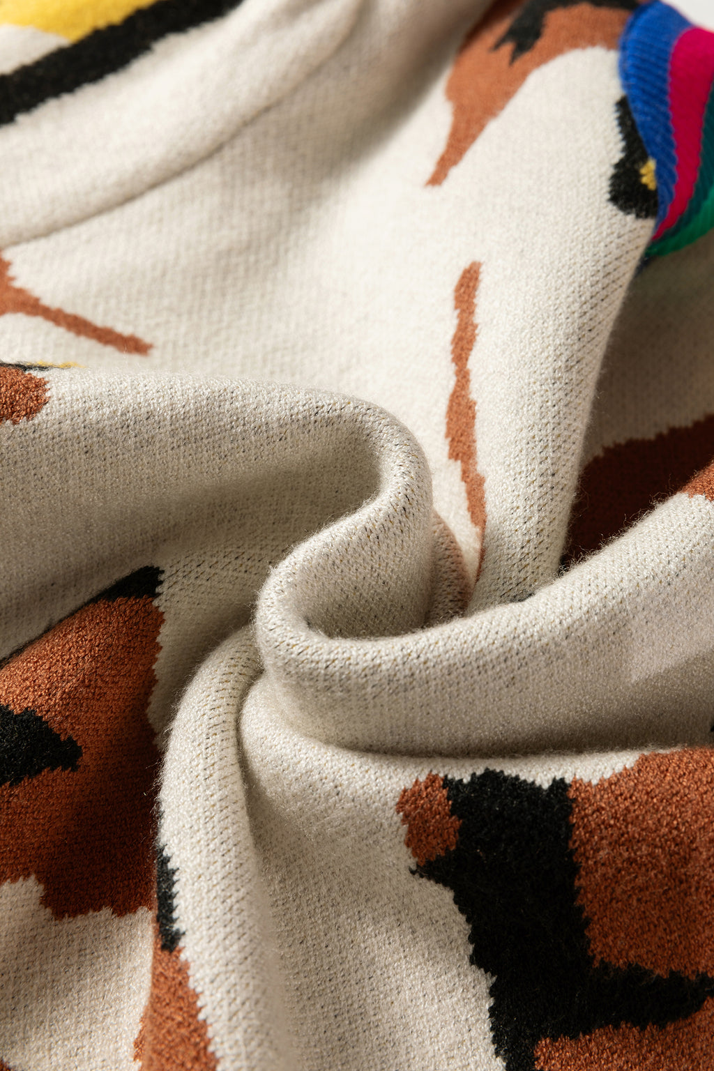 Women's Apricot Contrast Ribbed Stripes Detail Animal Pattern Knit Sweater at LivelyLooks