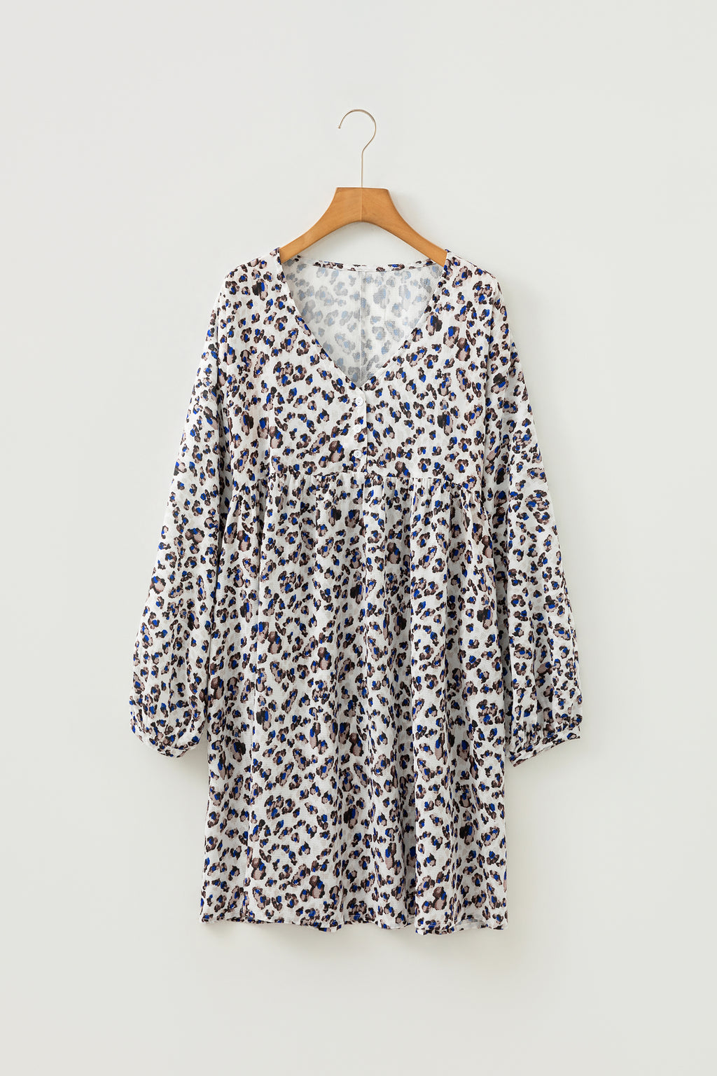 Women's Multicolour Leopard Print V Neck Button Detail Long Sleeve Mini Dress at LivelyLooks