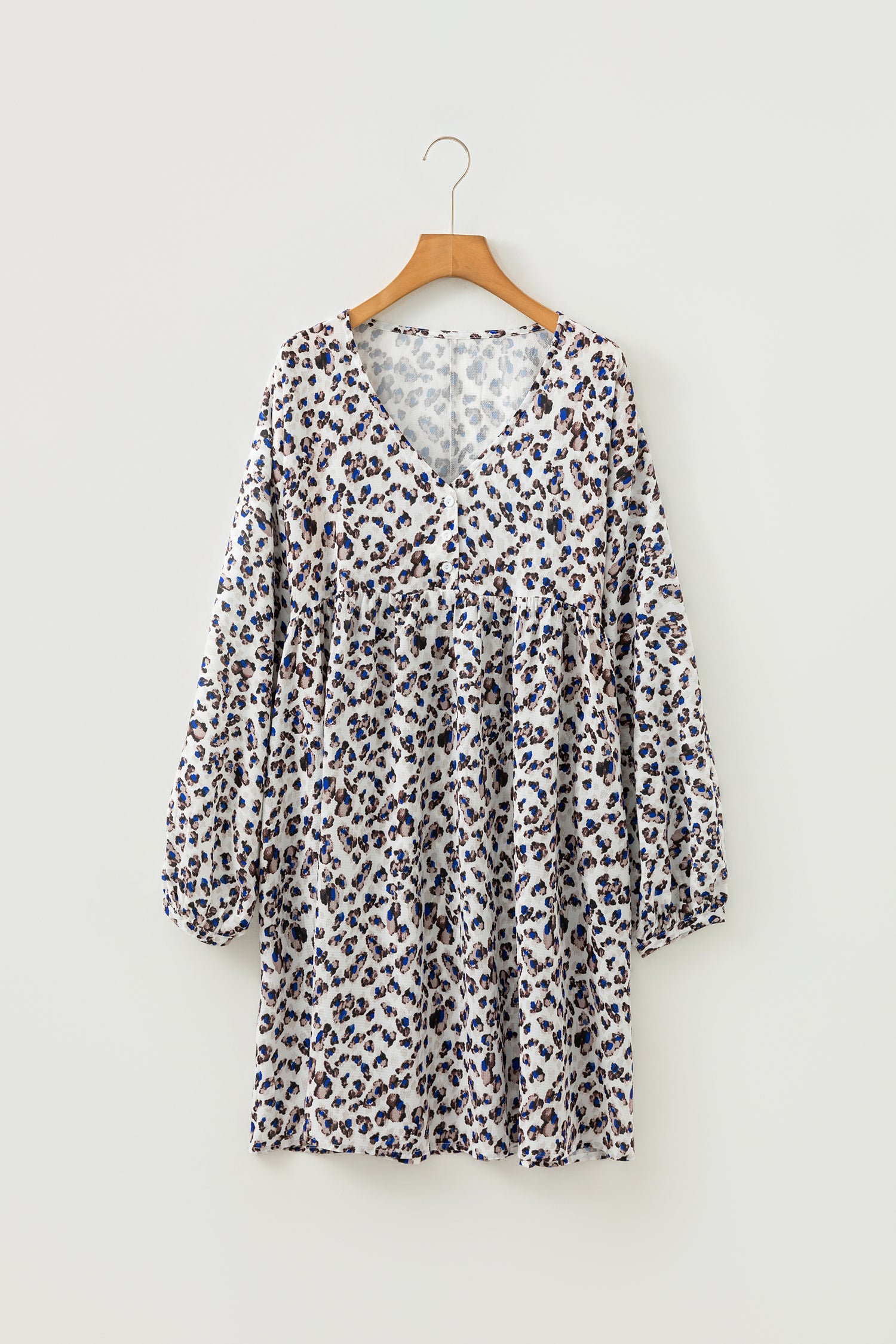 Women's Multicolour Leopard Print V Neck Button Detail Long Sleeve Mini Dress at LivelyLooks