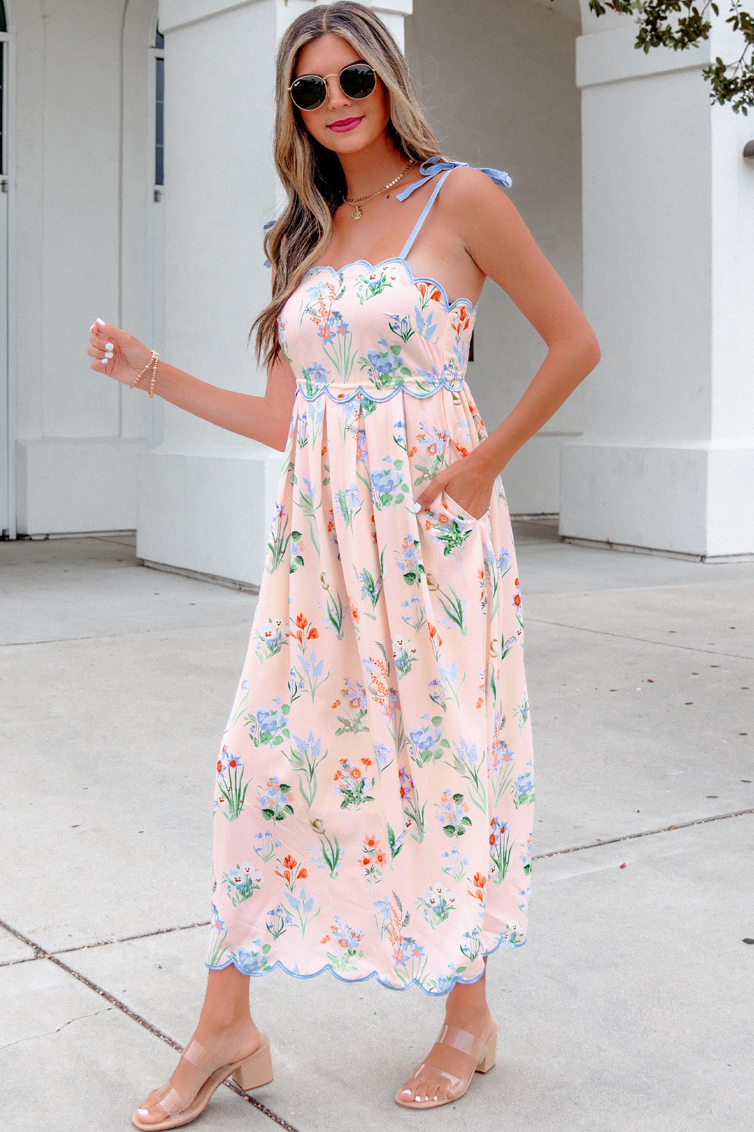 Floral Midi Dress Contrast Trim Self-Tie Straps High Waist Beige Pink Yellow