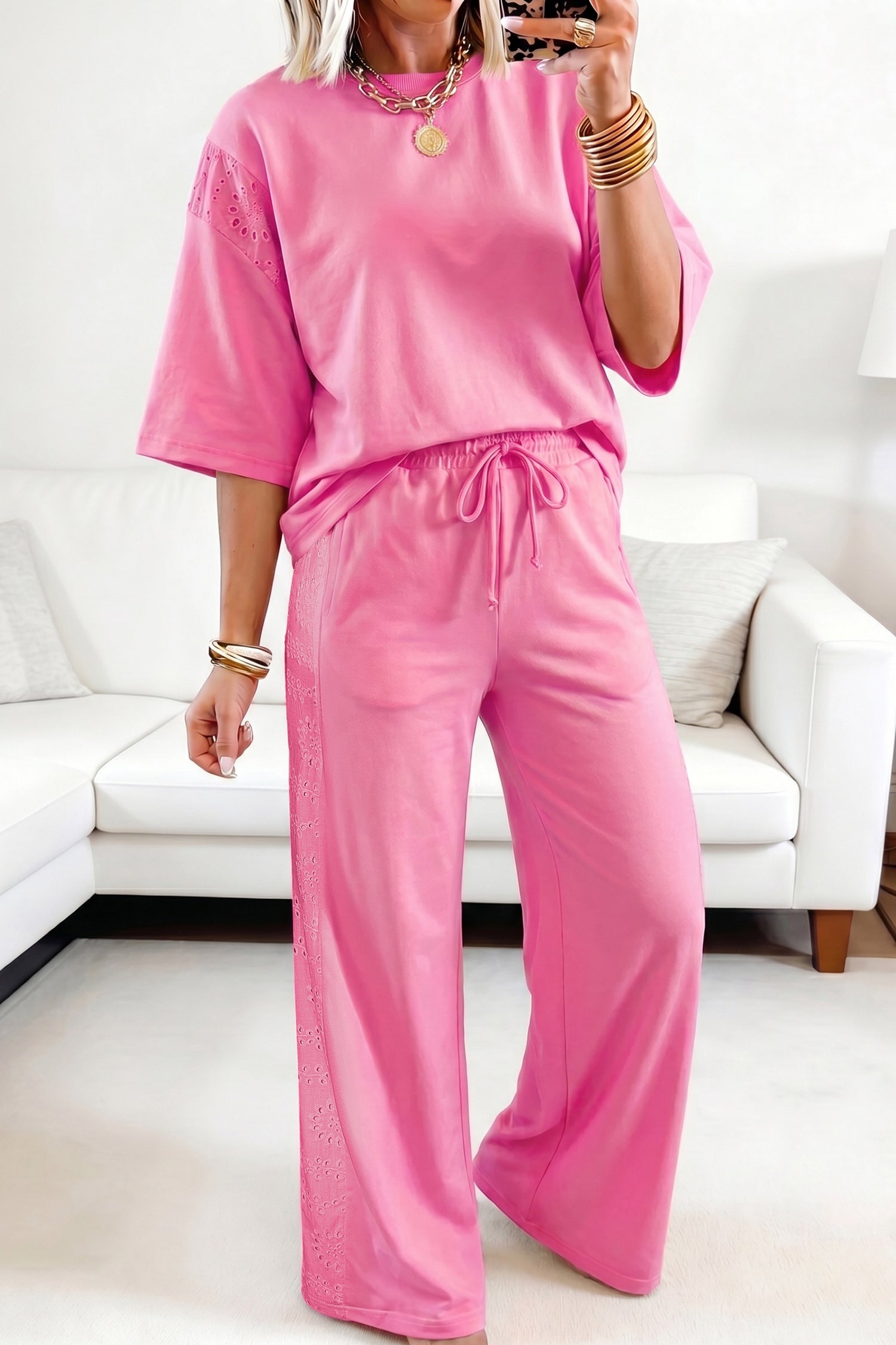 Lace Patchwork Half Sleeve Top & Wide Leg Trousers Set | 3 Colours | Sizes 8-22