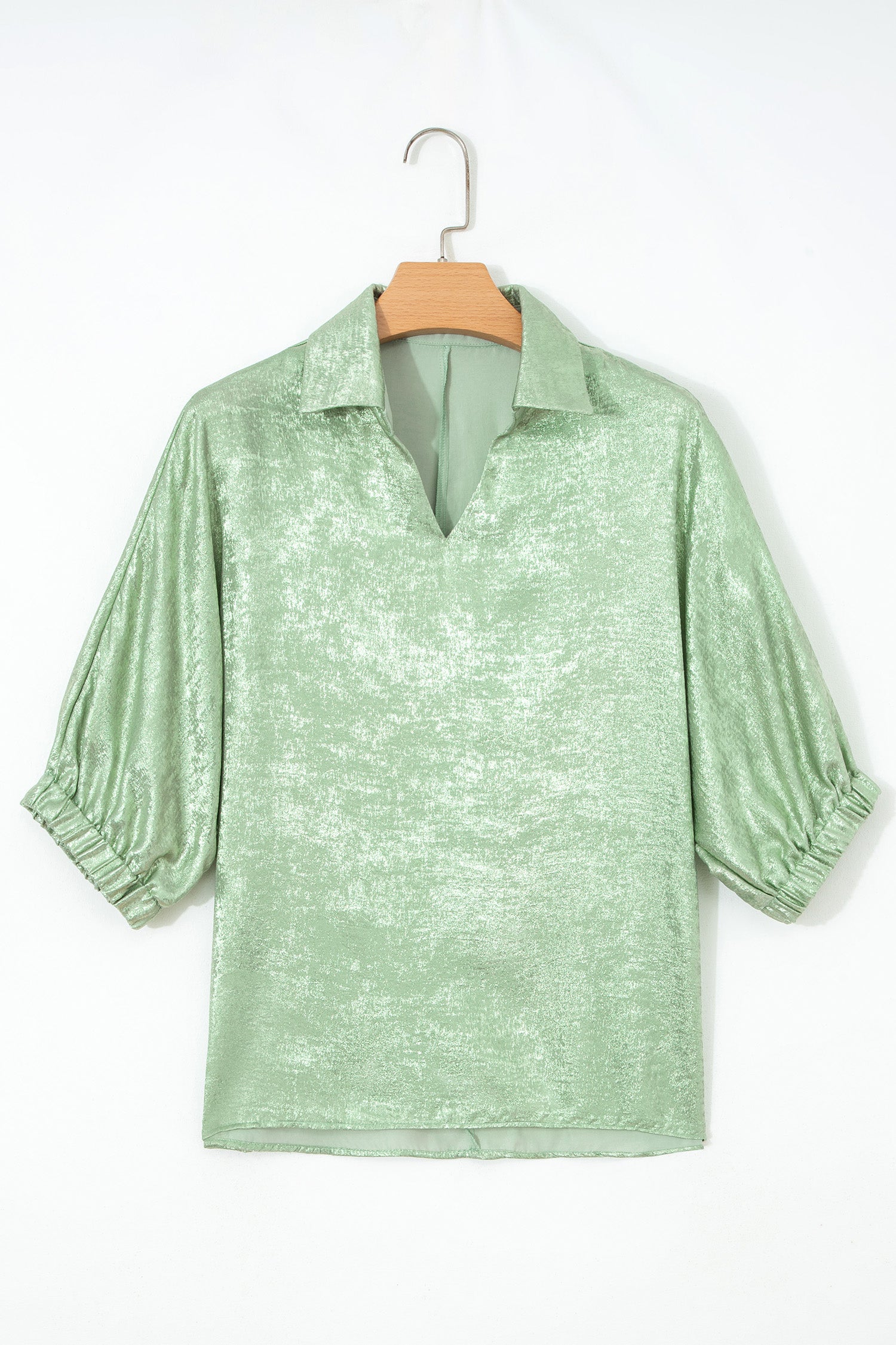 Women's Aqua Metallic Shimmer Collared V Neck Half Sleeve Top at LivelyLooks
