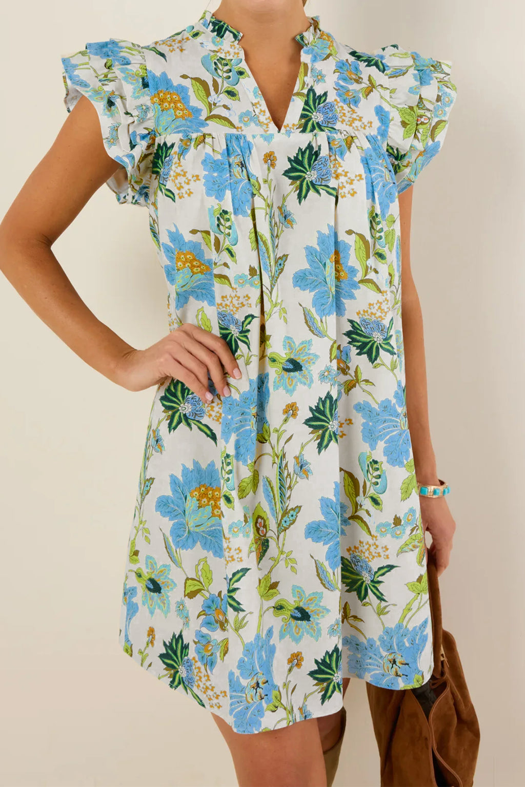Beige Floral V Neck Triple Ruffle Short Sleeve Shift Mini Dress S-XL