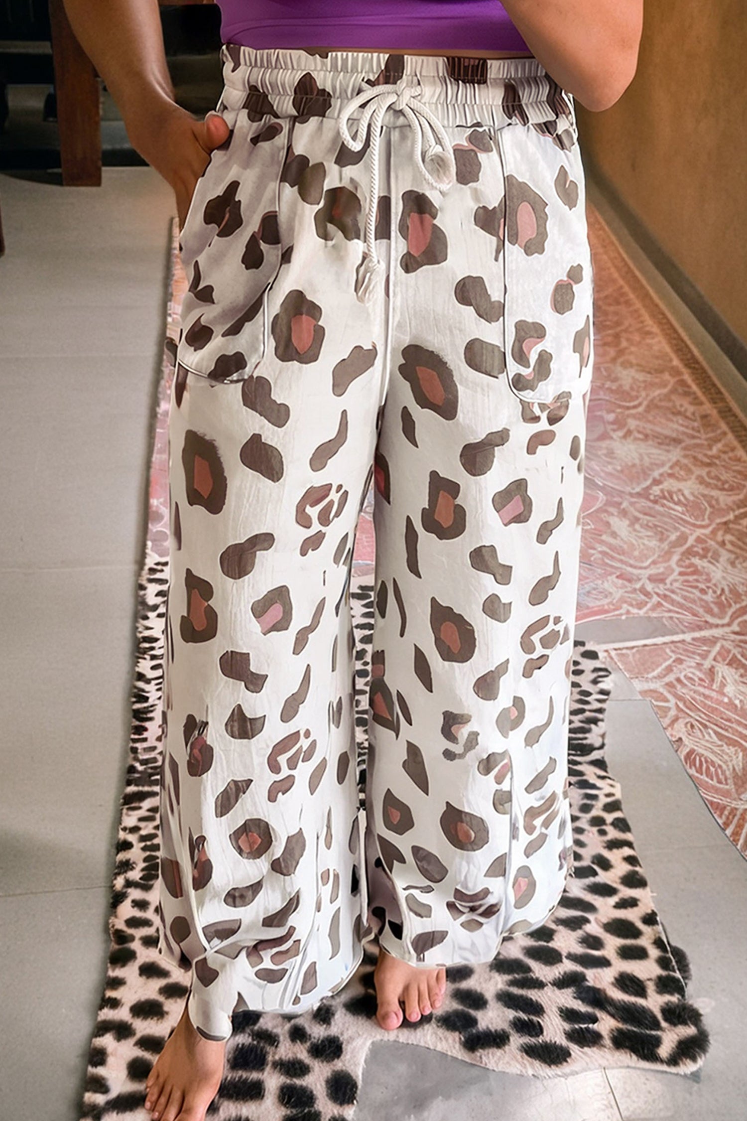 Women's Leopard Print Wide Leg Trousers Drawstring Waist S-XL at LivelyLooks