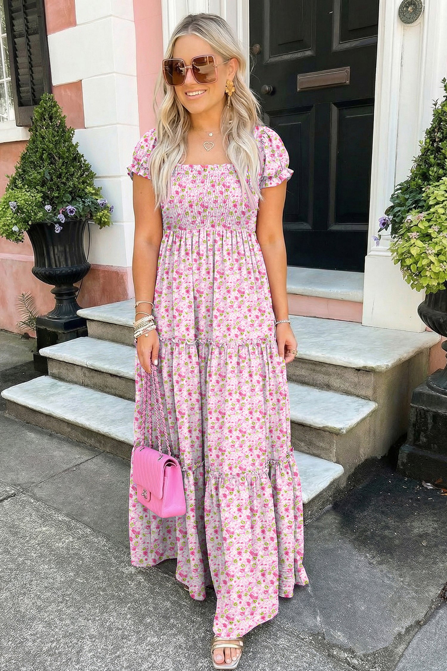 Women's Floral Maxi Dress Bubble Sleeve Shirred High Waist | Pink & Green at LivelyLooks