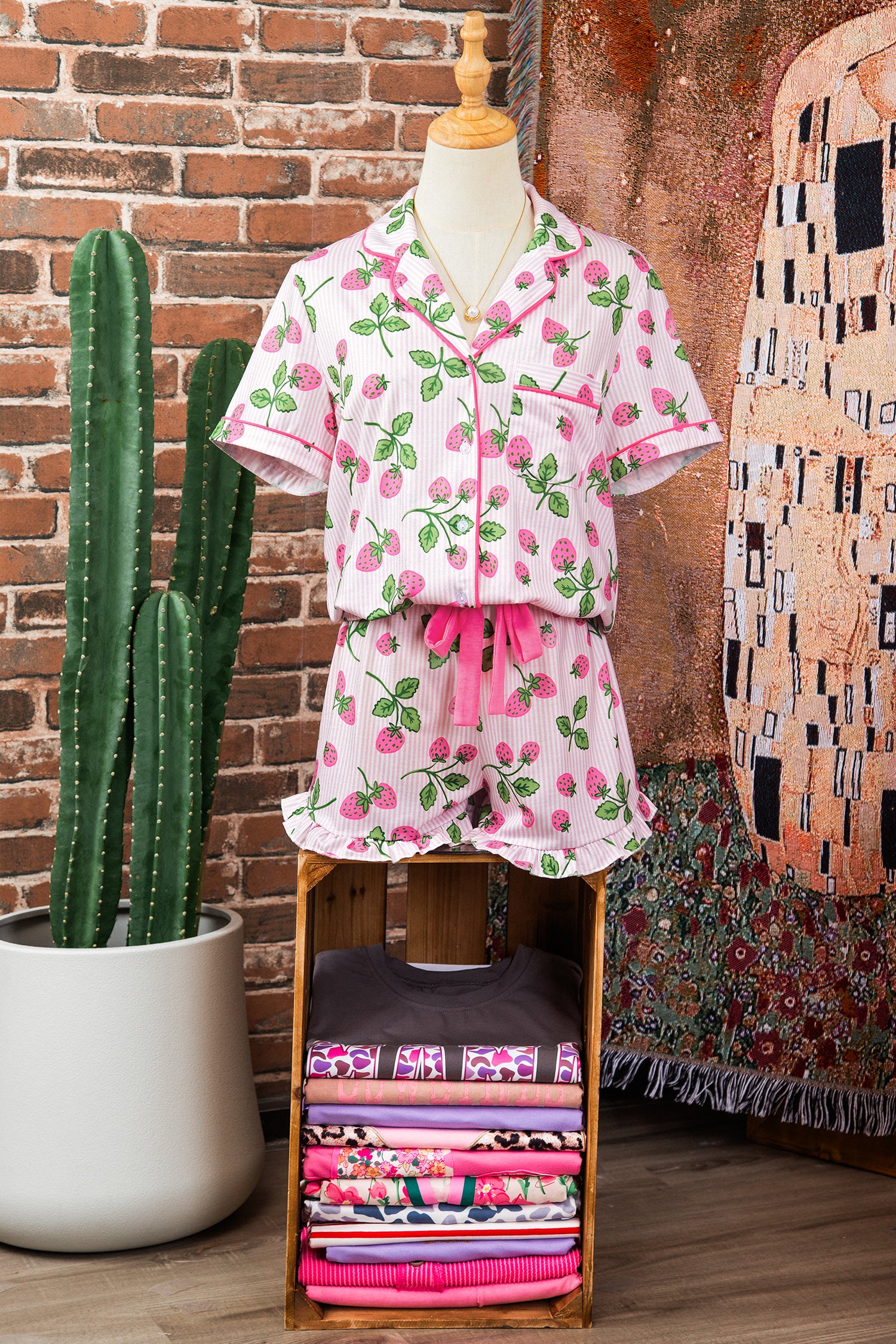Shop Pink Strawberry Stripe Pyjama Set Short Sleeve Shirt & Shorts at LivelyLooks