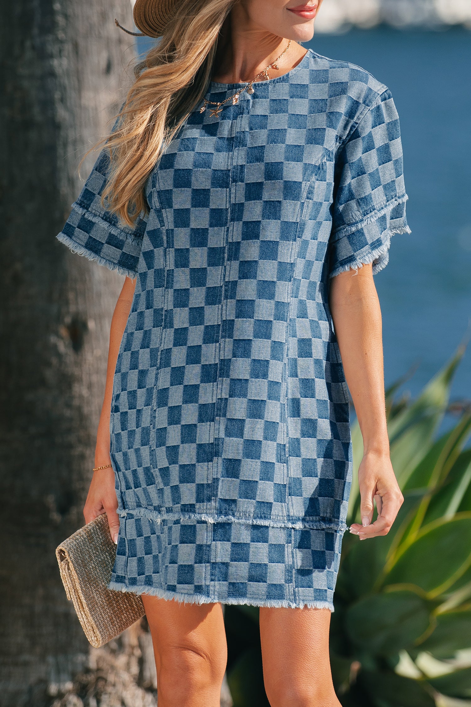 LivelyLooks Checkered Frayed Hem Patchwork Denim Mini Dress Blue S-XL women's fashion