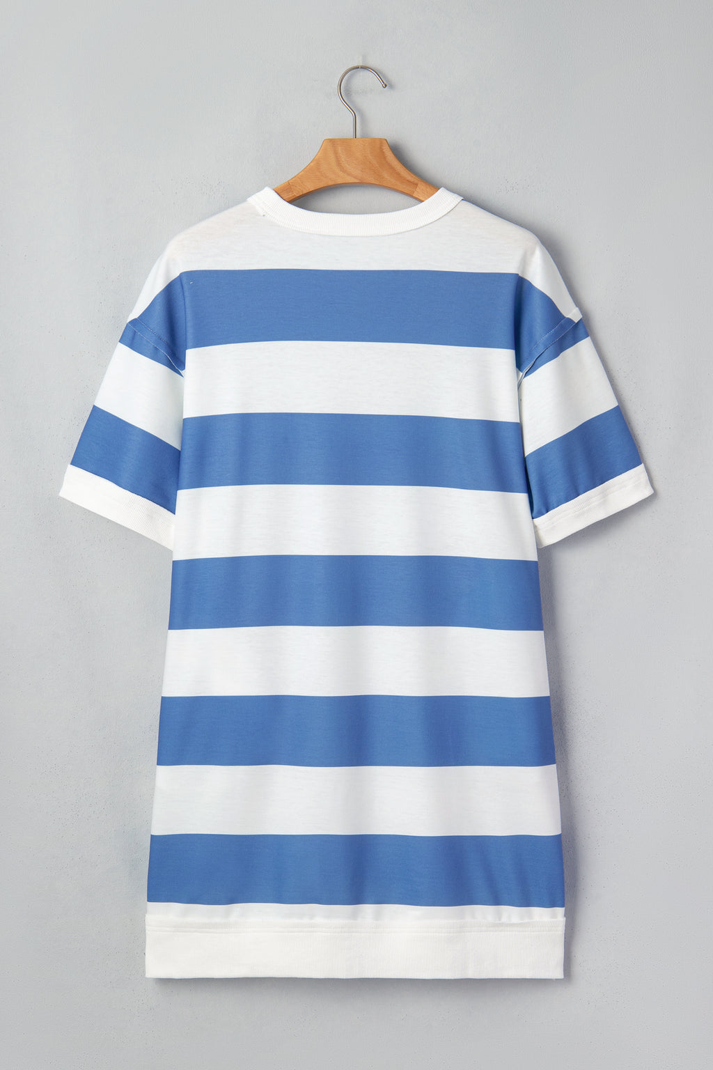 Women's Blue Stripe Raw Seam Shoulder Casual T-Shirt Mini Dress Short Sleeve S-XL at LivelyLooks