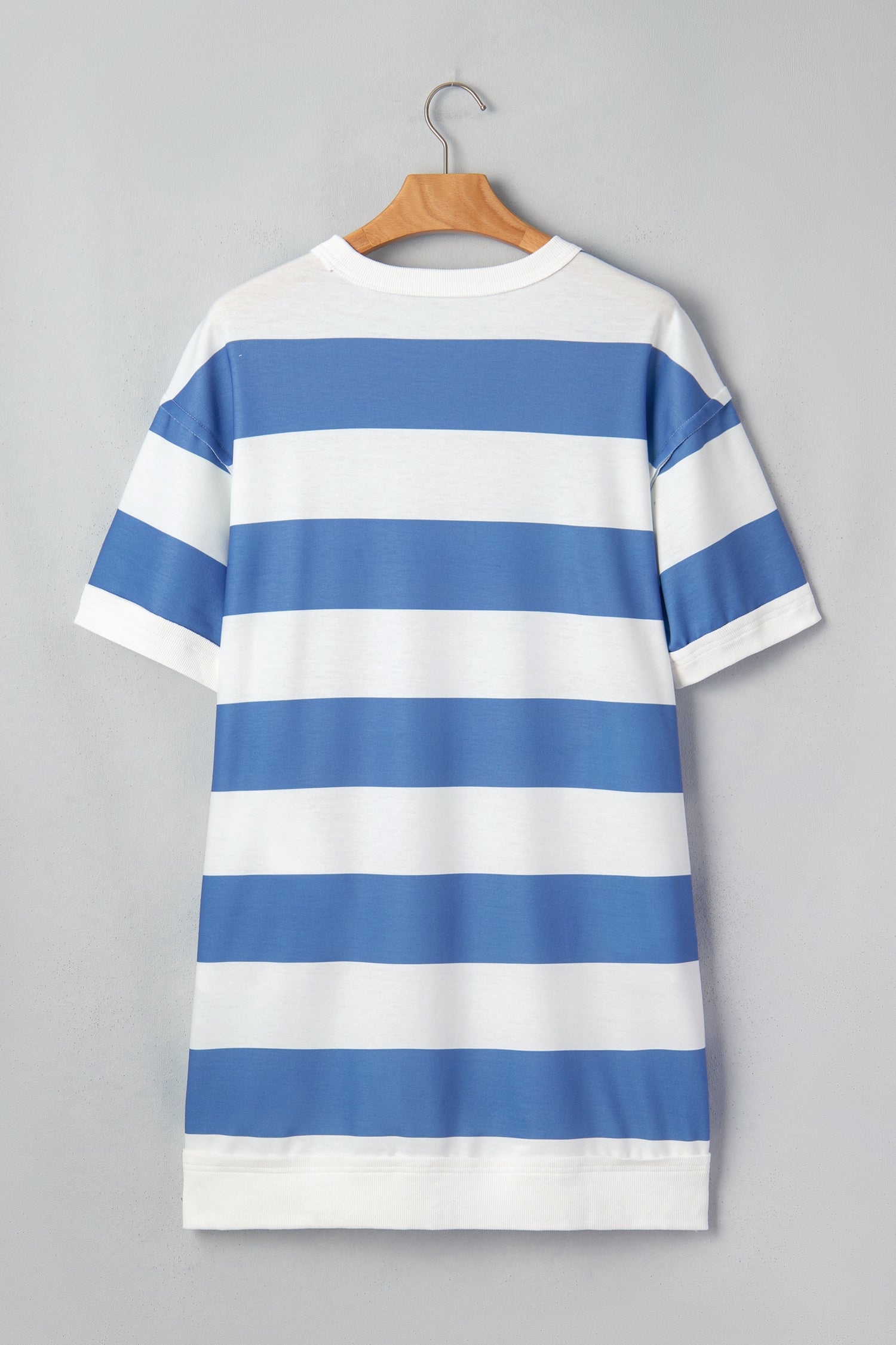Women's Blue Stripe Raw Seam Shoulder Casual T-Shirt Mini Dress Short Sleeve S-XL at LivelyLooks