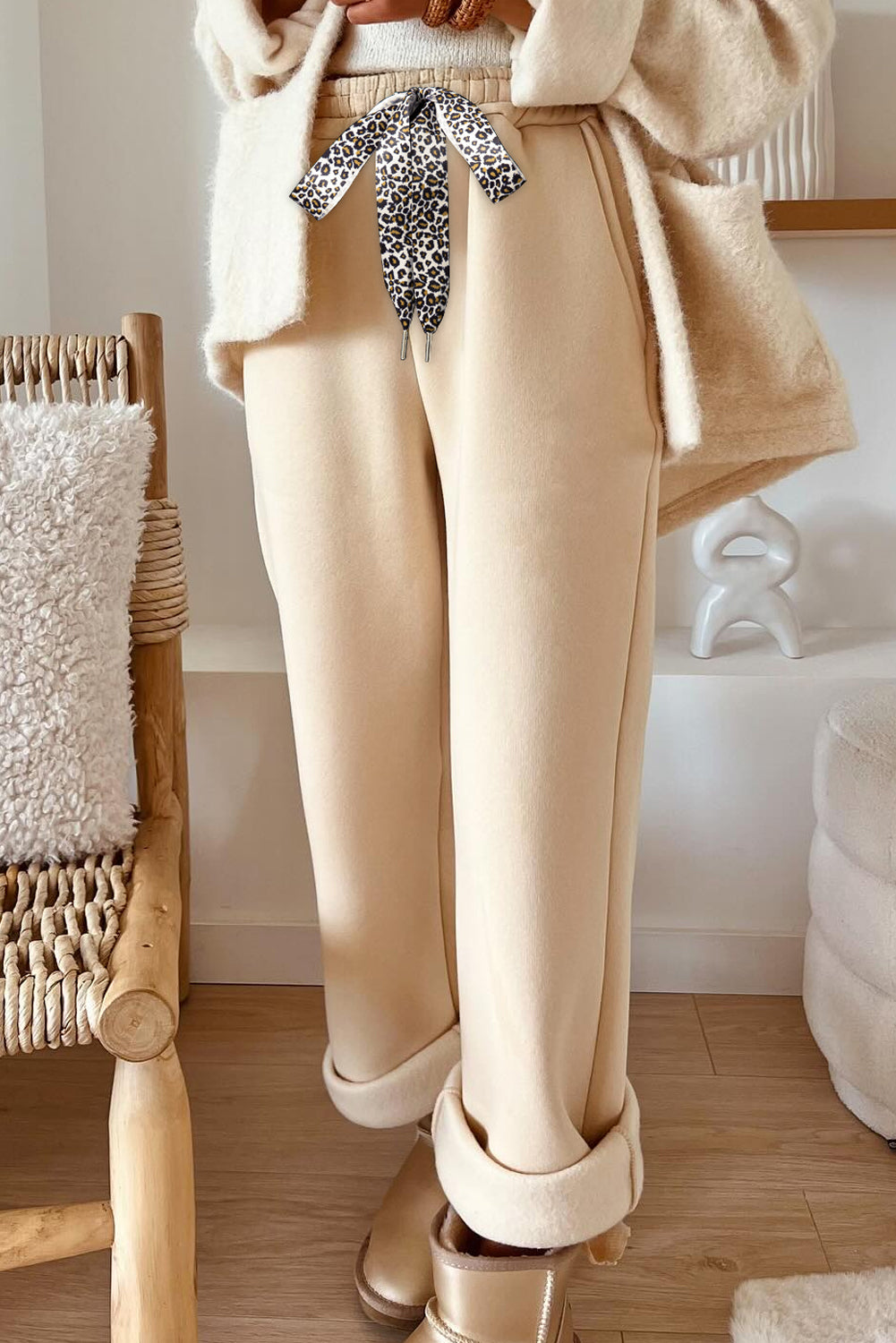 LivelyLooks Women's Fleece Lined Leopard Drawstring High Waist Trousers S-XL women's fashion