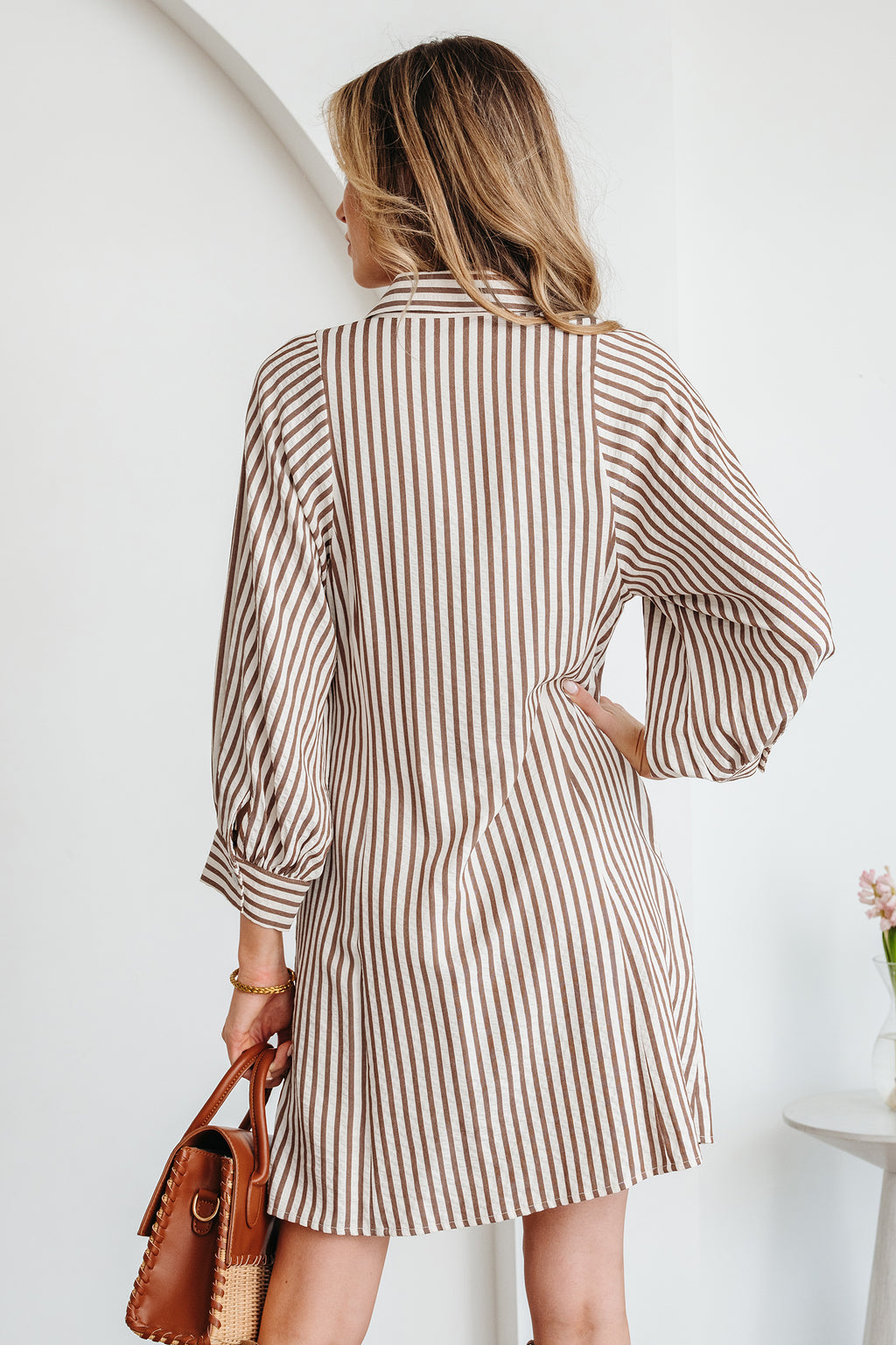 Brown Stripe Knot Waist Puff Sleeve Button Down Mini Shirt Dress S-XL