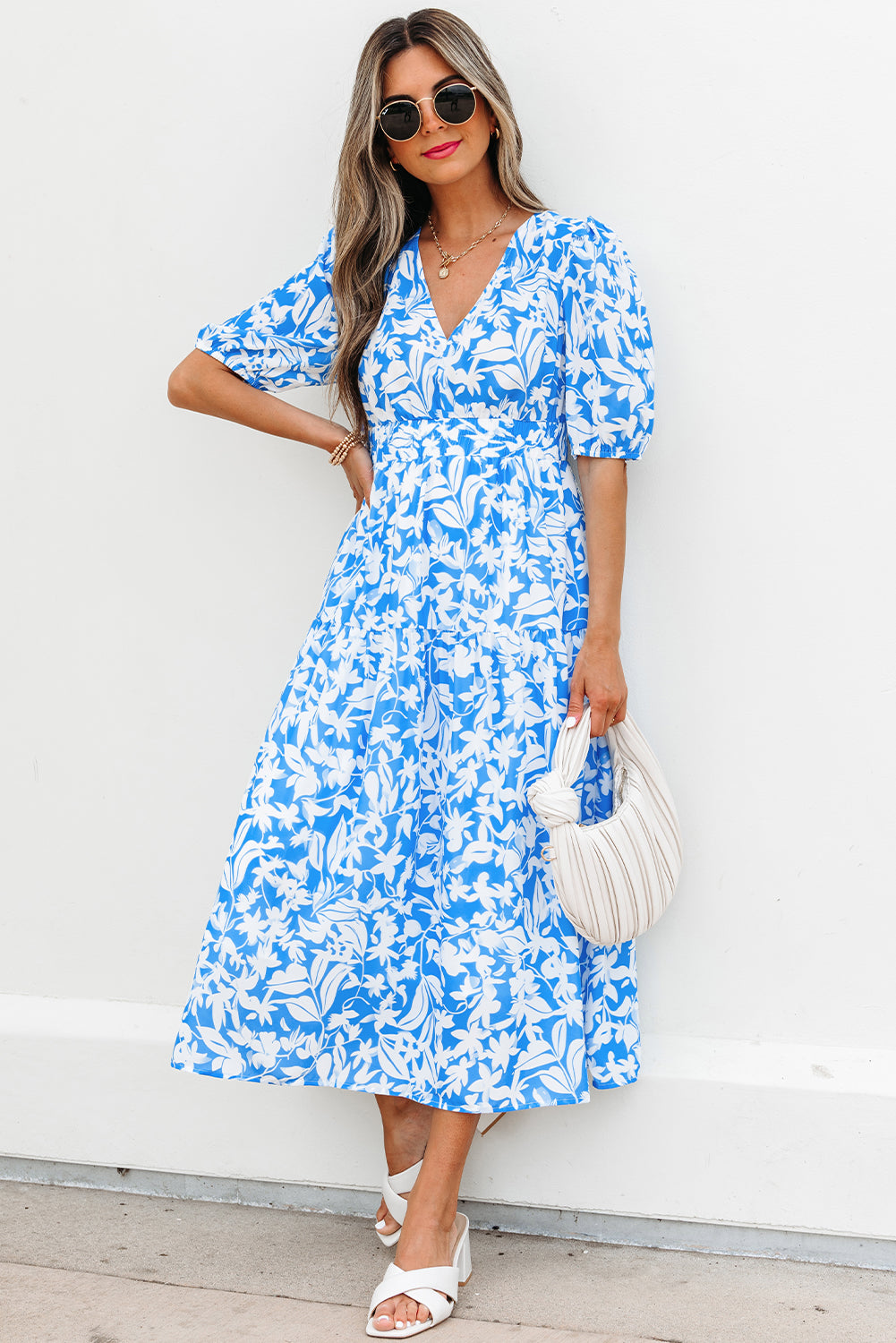 LivelyLooks Blue Floral V-Neck Puff Sleeve Fit & Flare Maxi Dress women's fashion