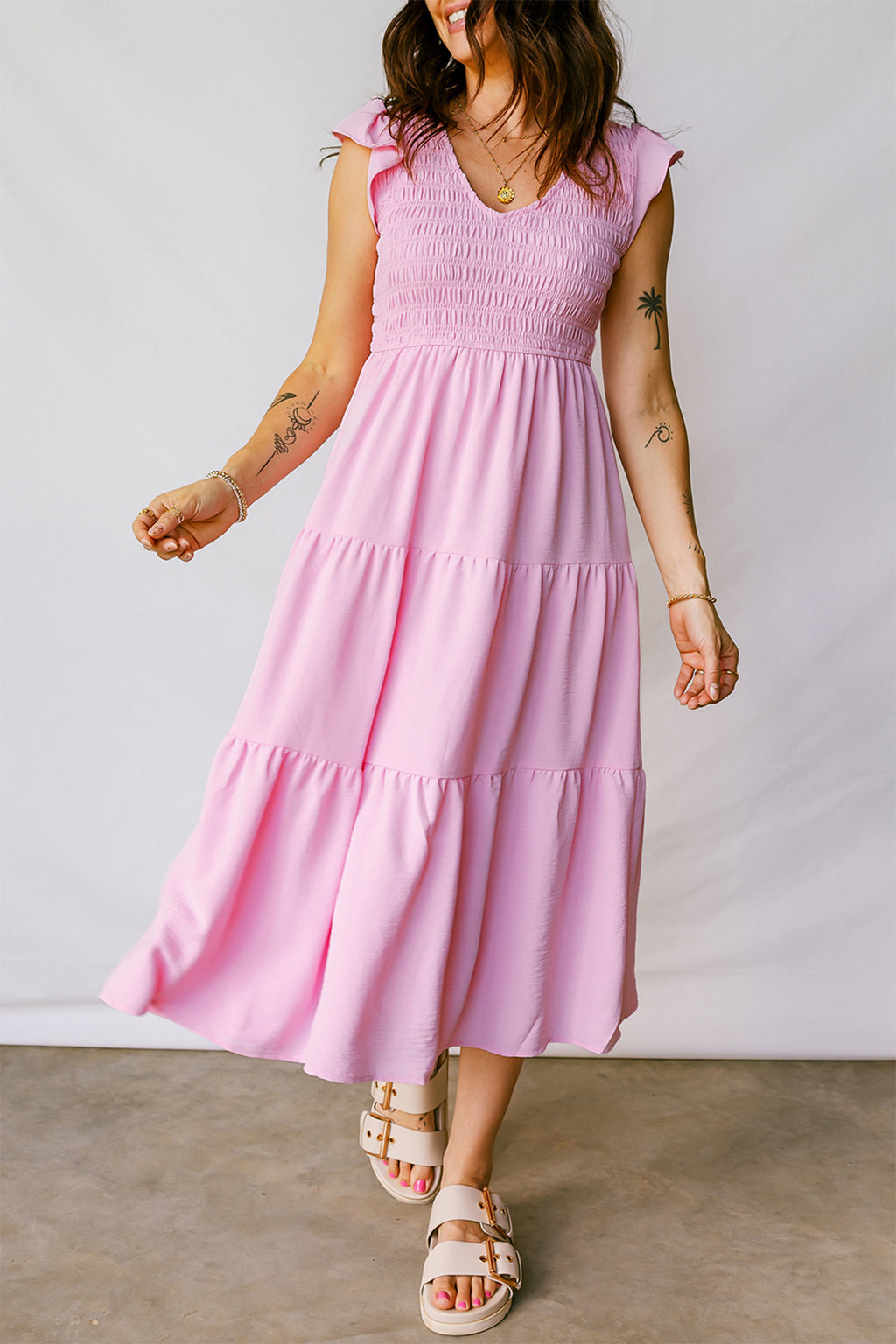 Women's Pink Smocked Bodice Flutter Sleeve Fit & Flare Tiered Midi Dress at LivelyLooks