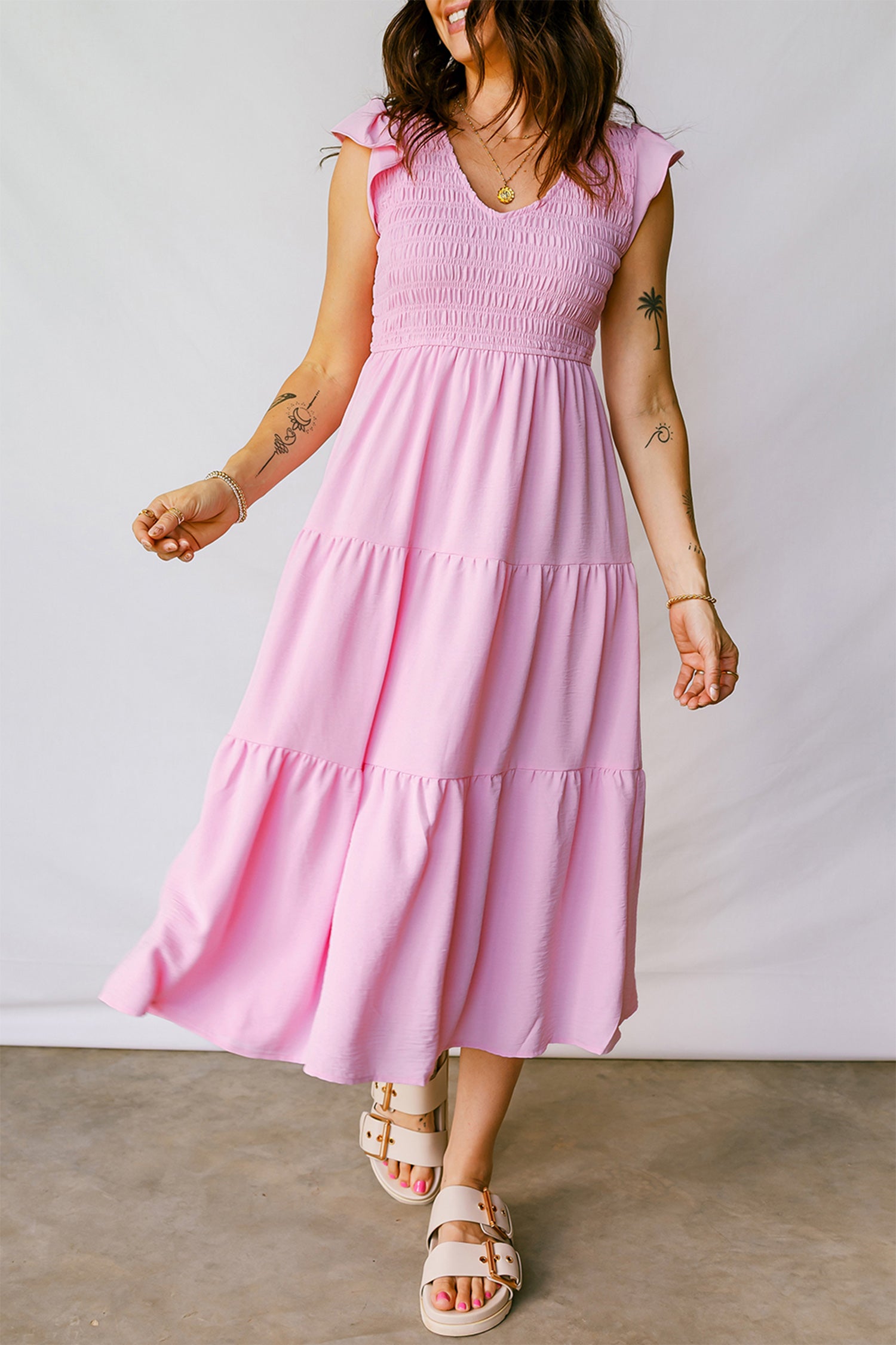 Women's Pink Smocked Bodice Flutter Sleeve Fit & Flare Tiered Midi Dress at LivelyLooks