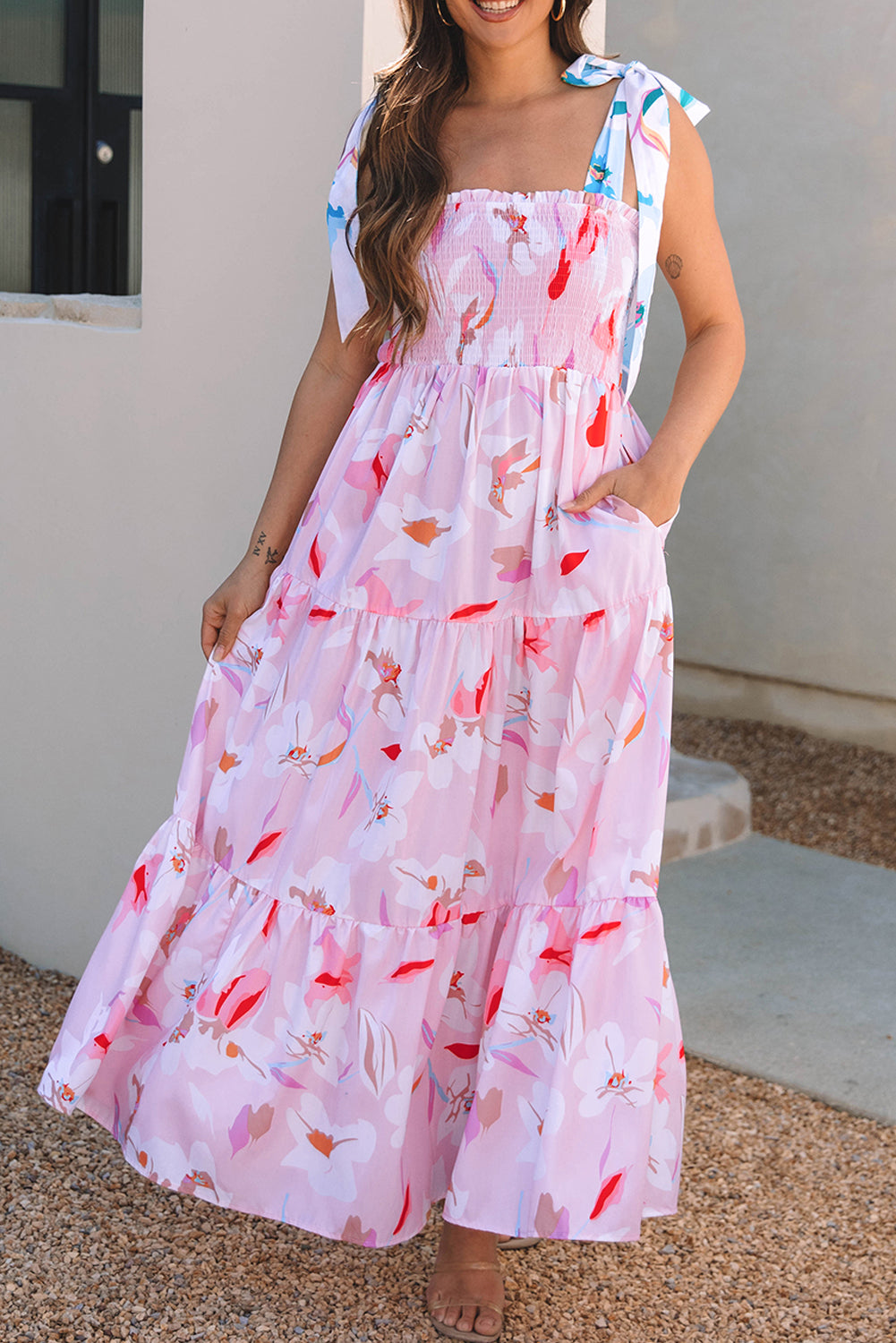 Women's Pink Floral Print Knotted Shoulder Smocked Maxi Dress Summer Boho Casual Sundress at LivelyLooks