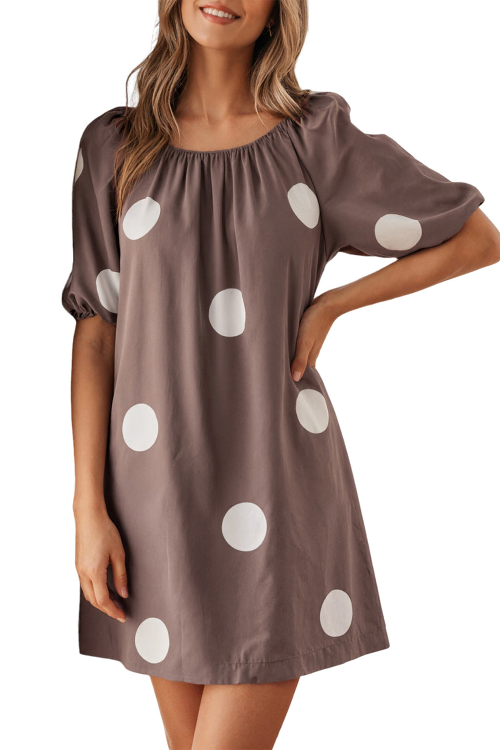 Brown Polka Dot Puff Sleeve Mini Dress Knot Back Loose Fit UK 8-22