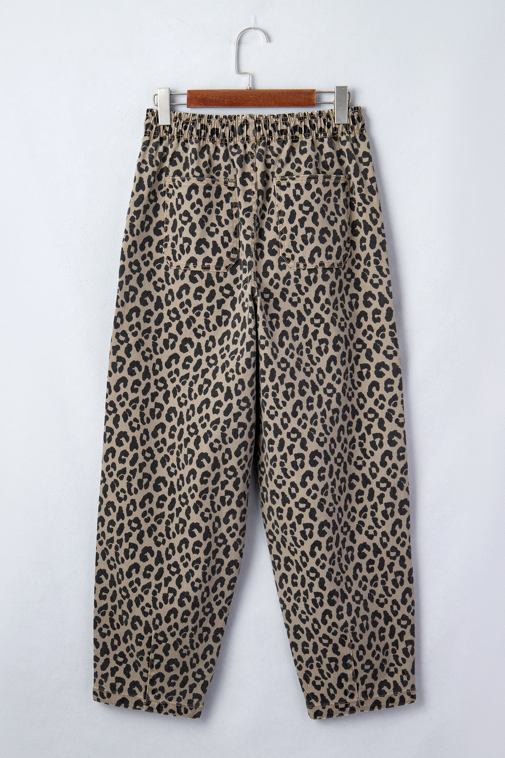 Women's Khaki Leopard Print Loose Denim Jeans Drawstring Elastic Waist UK 4-16