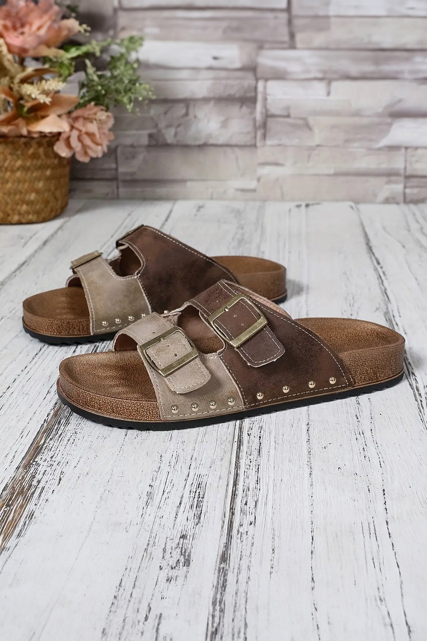 Women's Women's Coffee Leopard Two-Tone Retro Buckle Strap Hollowed Faux Suede Sandals EU 37-42 at LivelyLooks