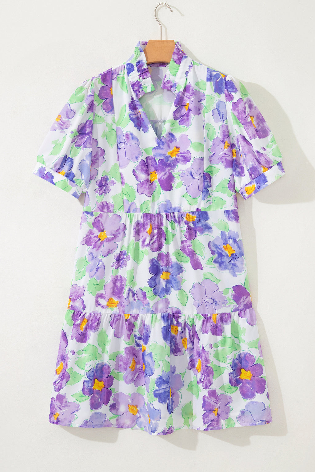 Purple Floral V Collar Short Sleeve Tiered Ruffle Mini Dress S-XL
