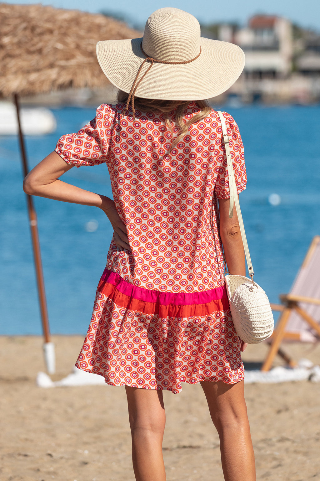 Orange Geometric Floral Colour Block Trim Button Front Ruffle Hem Dress S-XL