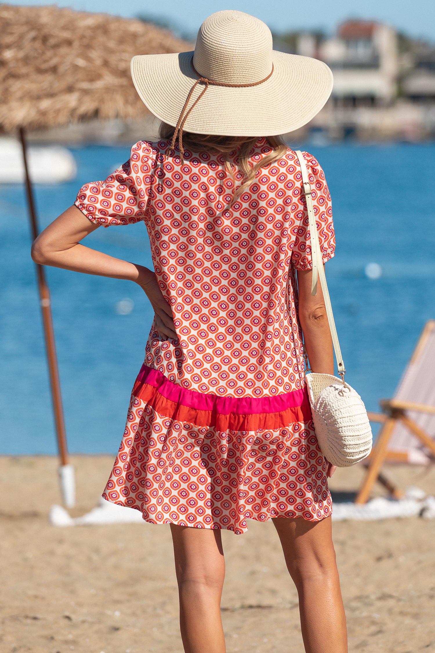 Orange Geometric Floral Colour Block Trim Button Front Ruffle Hem Dress S-XL