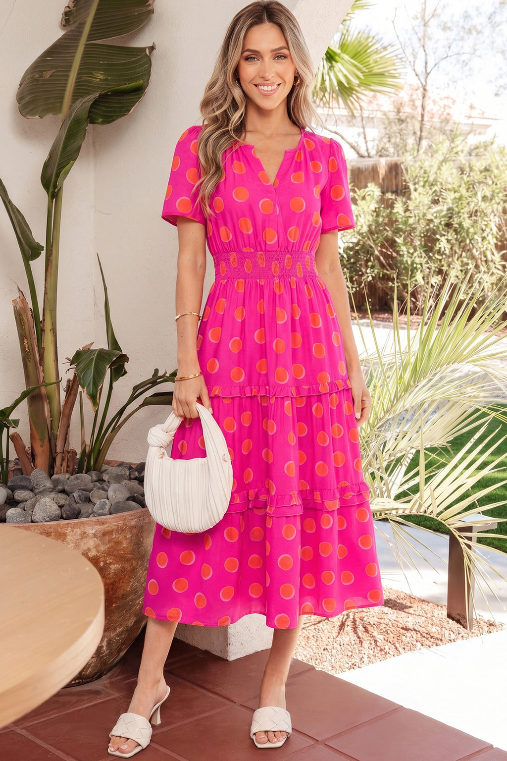 Rose Polka Dot Shirred High Waist Midi Dress | Short Sleeve Shadow Print
