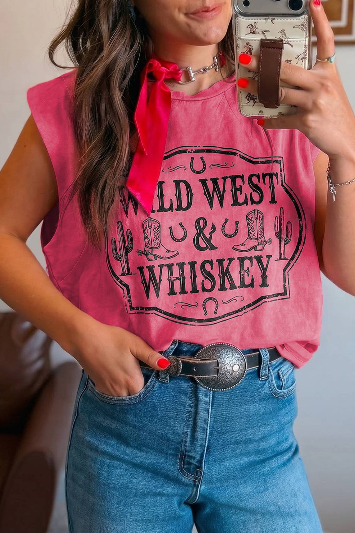 Pink Wild West Whiskey Print Sleeveless Muscle Top | UK 8–22