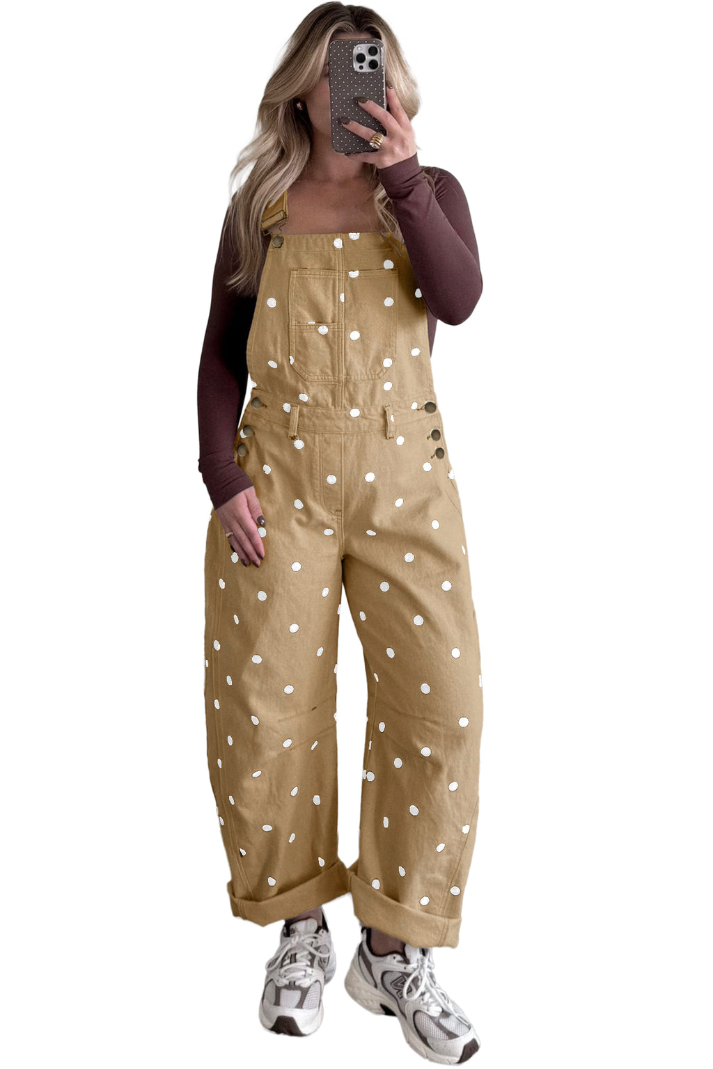 Polka Dot Denim Barrel Overalls Jumpsuit | Cream Beige Pink UK 8–22