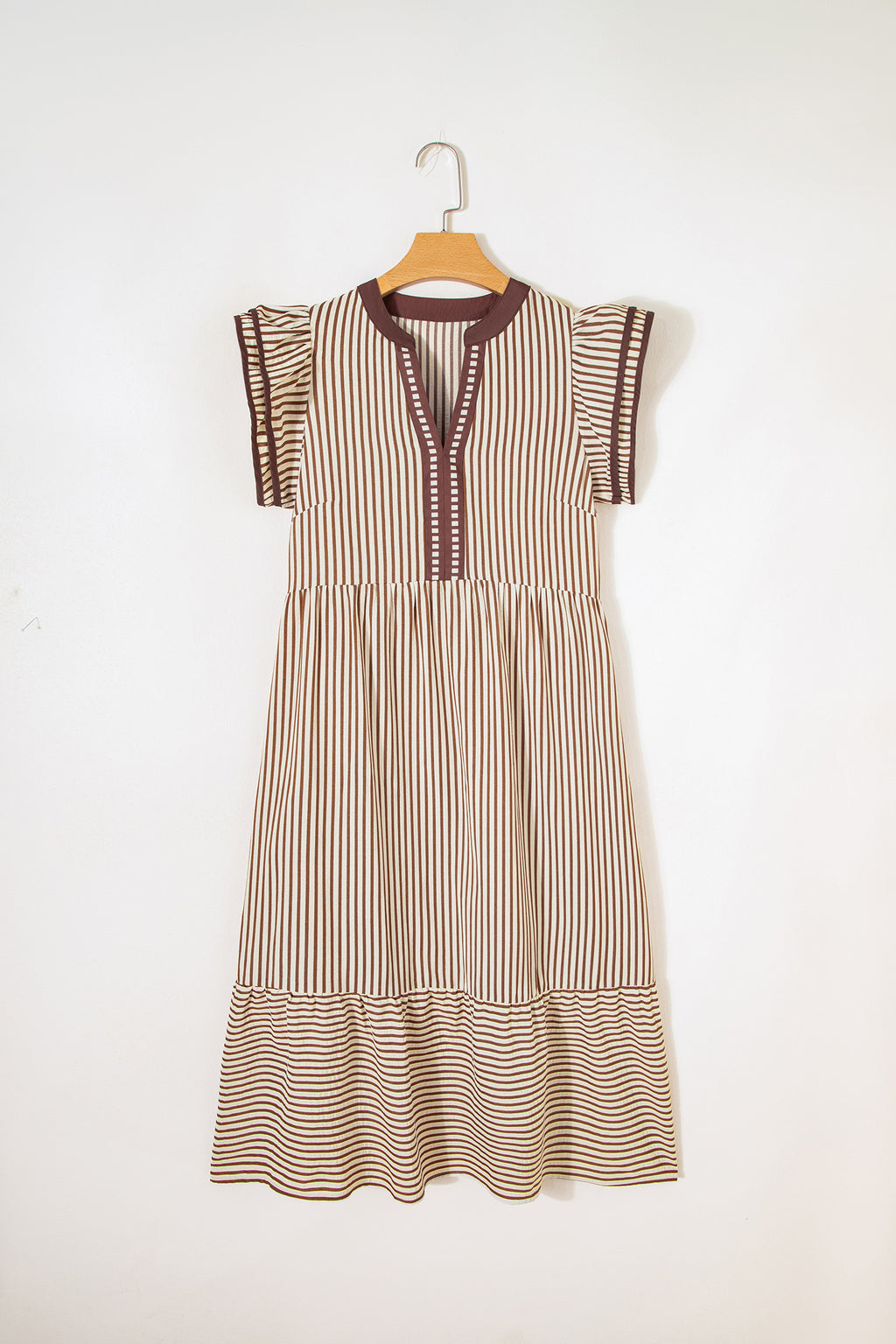 Stripe Double Ruffle Sleeve V-Neck Midi Dress | Green, Brown & Black