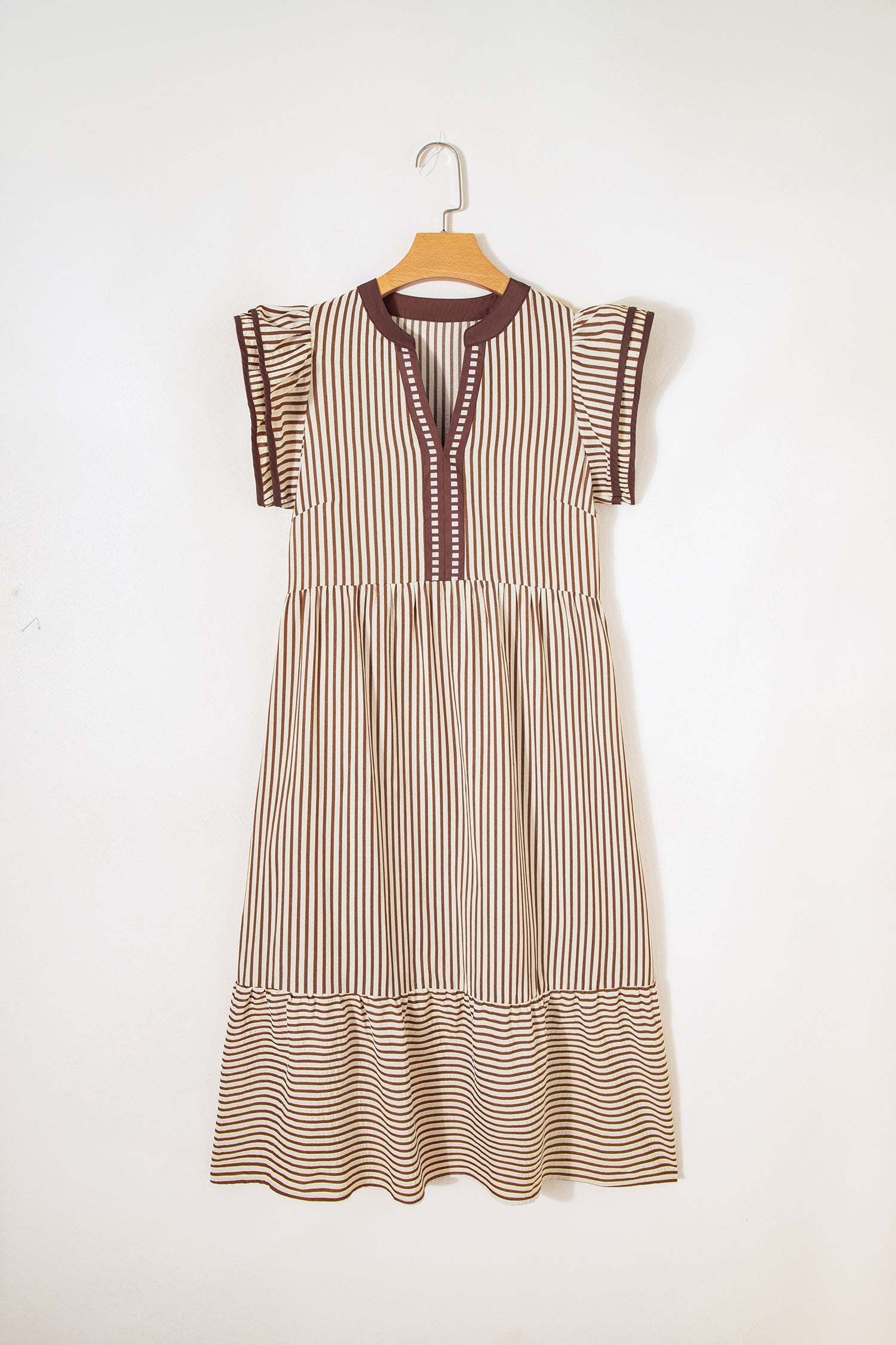 Stripe Double Ruffle Sleeve V-Neck Midi Dress | Green, Brown & Black