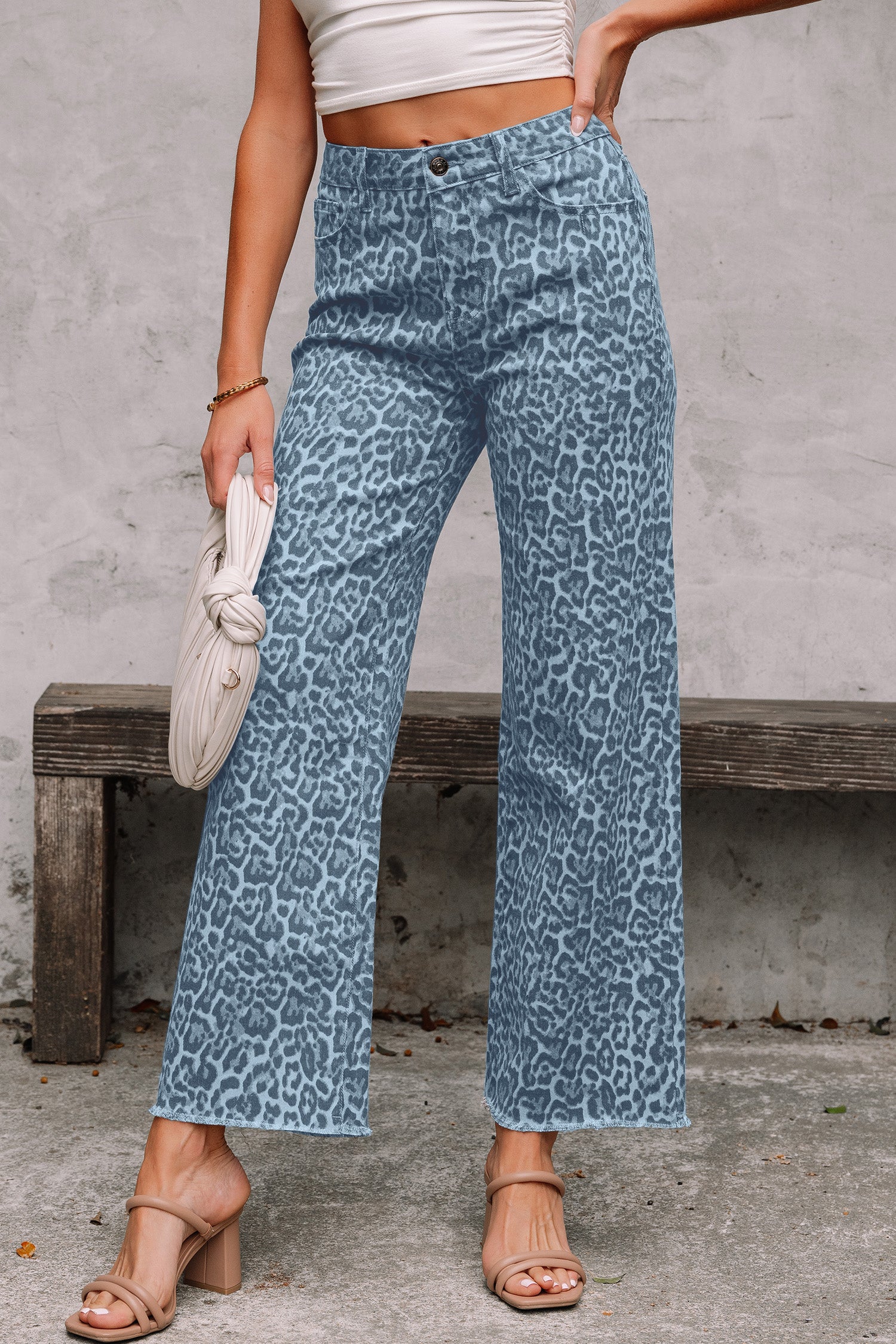 Women's Leopard Print Wide Leg High Waist Jeans | Brown, Grey, Blue & Pink at LivelyLooks