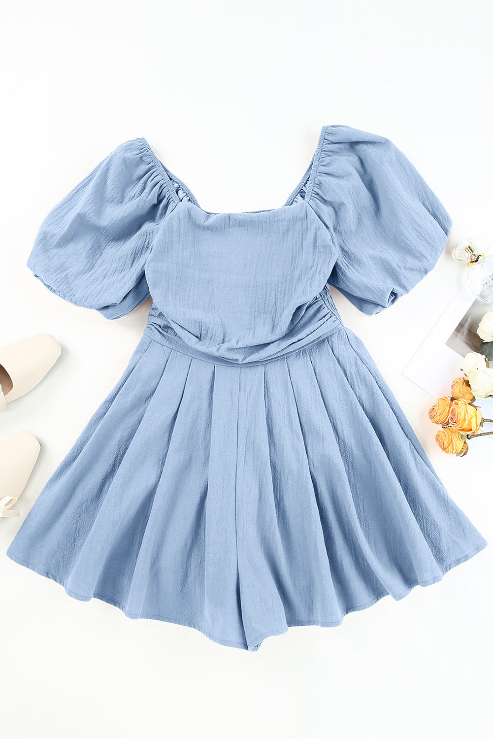 Sky Blue & Brown Square Neck Ruched Puff Sleeve Romper