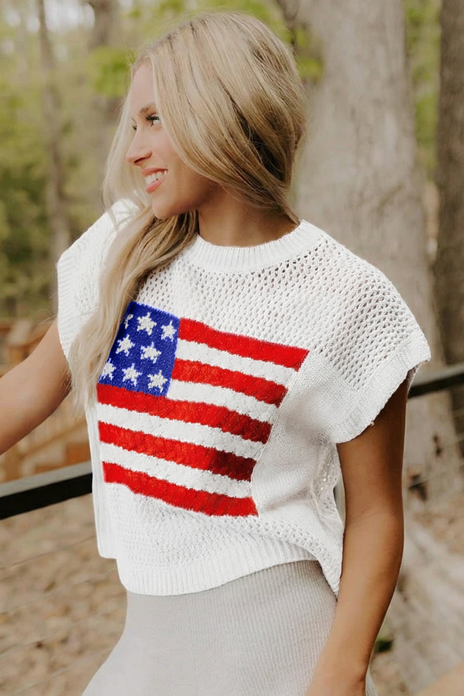 Women's Fiery Red Flag Graphic Short Sleeve Sweater Top at LivelyLooks