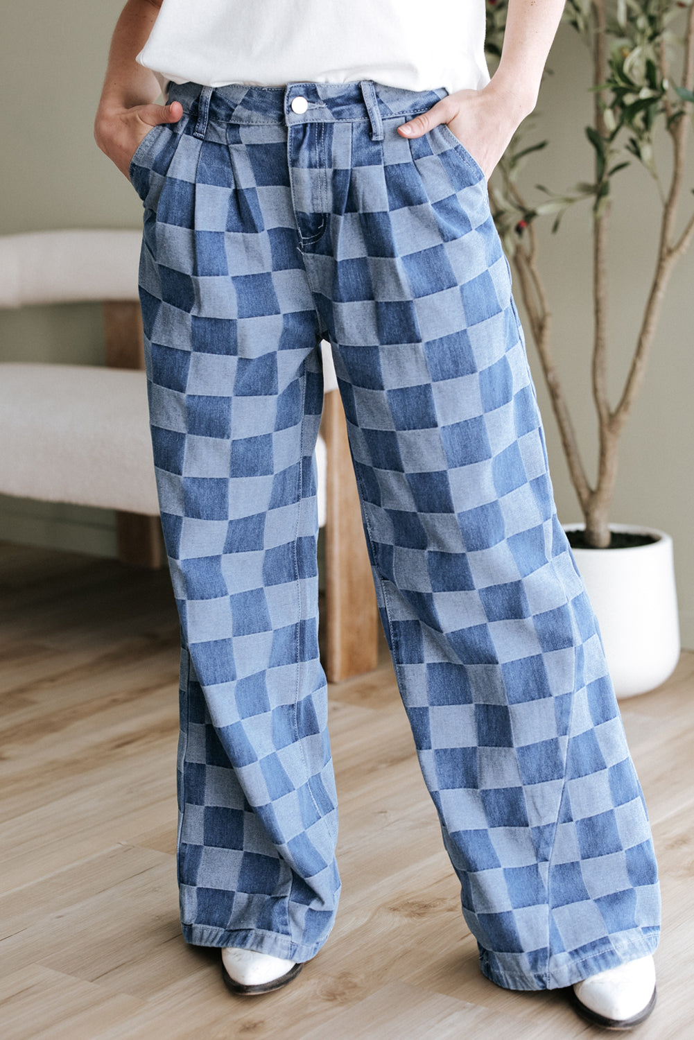 Shop Checkered Denim Wide Leg Jeans UK 8-20 at LivelyLooks