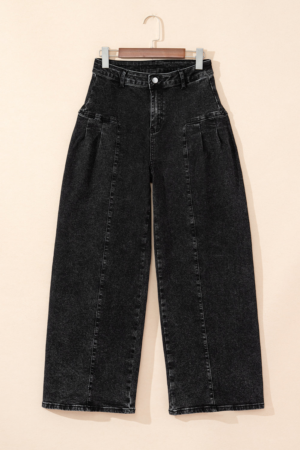 Dark Grey Pleated Wide Leg Mineral Wash Denim Pants | UK 8–18