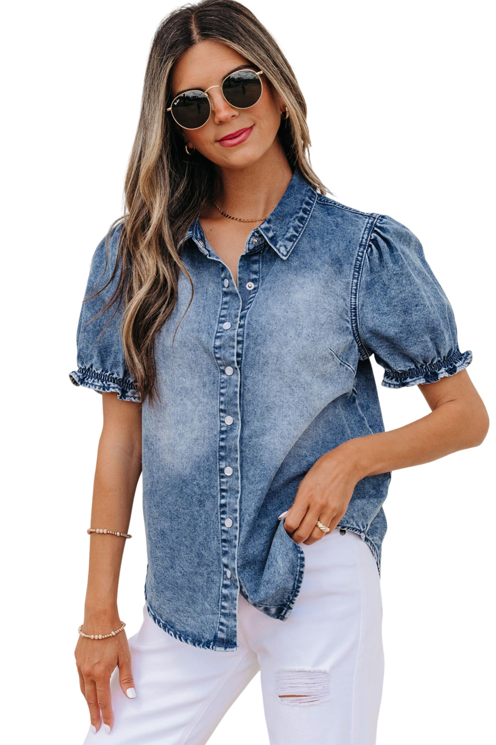 LivelyLooks Beau Blue Frilled Short Sleeve Snap Button Denim Shirt women's fashion