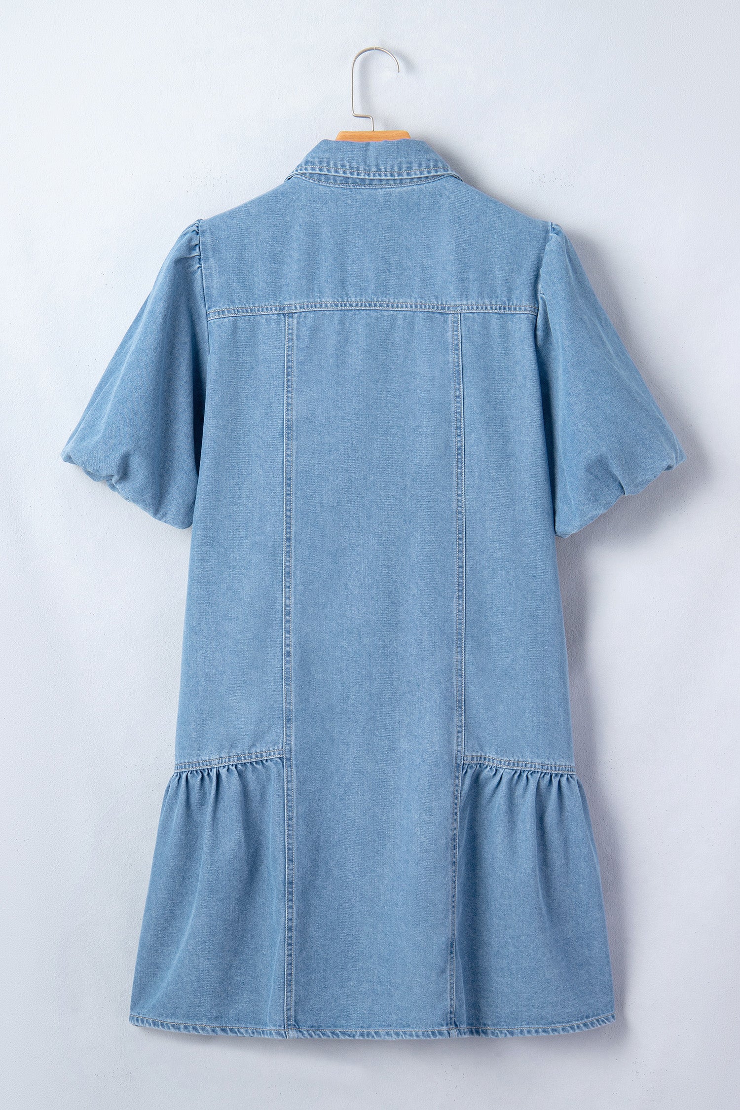 Women's Blue Patchwork Denim Mini Dress Button Down Puff Sleeve Ruffle Hem at LivelyLooks