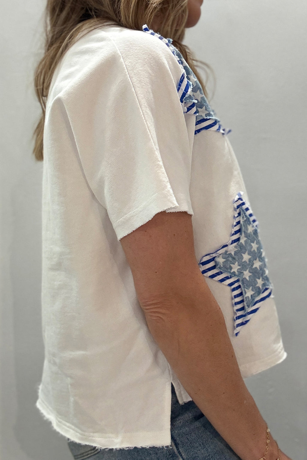 Shop White & Sky Blue Star Patch Notched Neck Mineral Wash Dolman Tee at LivelyLooks