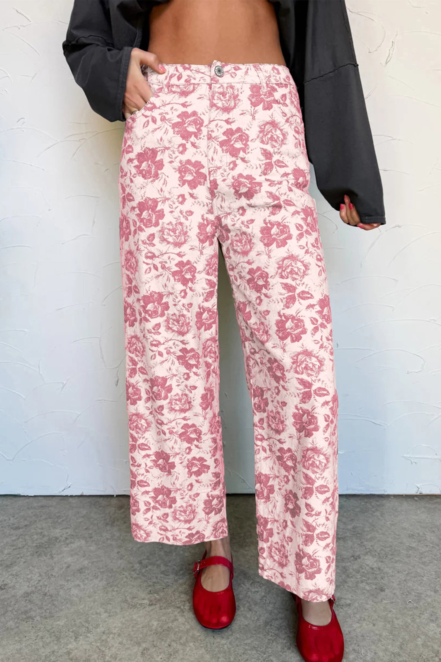 Pink Vintage Floral Print Wide Leg Denim Jeans | Sizes 4–16