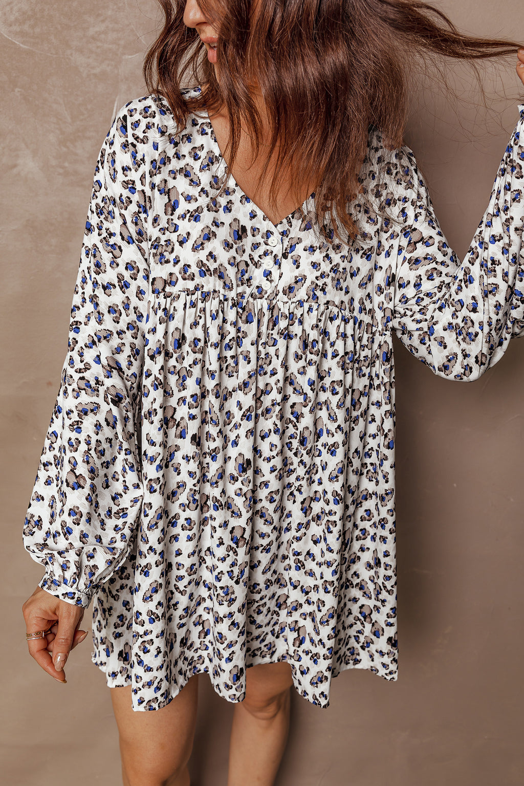 Women's Multicolour Leopard Print V Neck Button Detail Long Sleeve Mini Dress at LivelyLooks