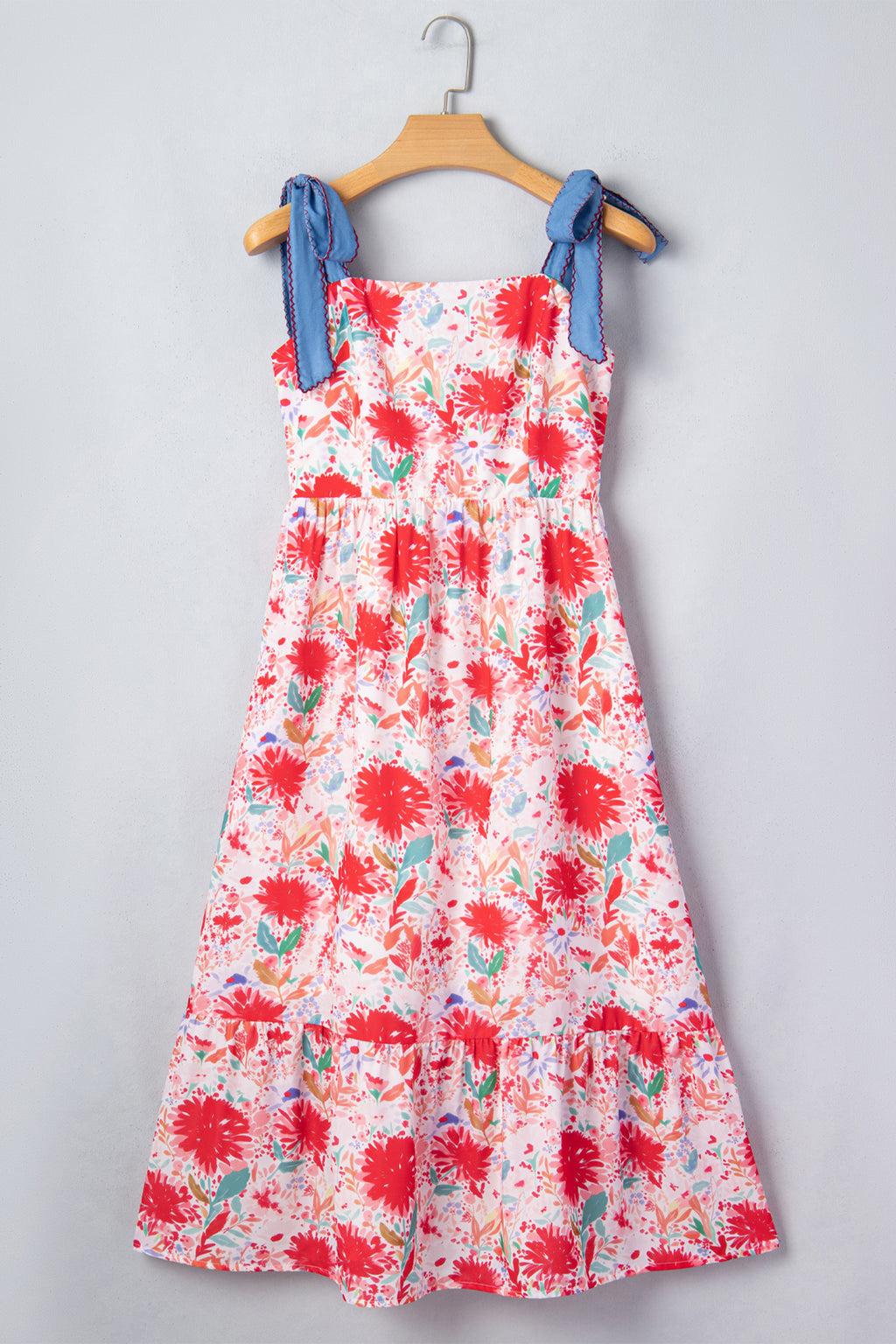 LivelyLooks Yellow Floral Print Contrast Stitched Knot Denim Straps High Waist Dress women's fashion