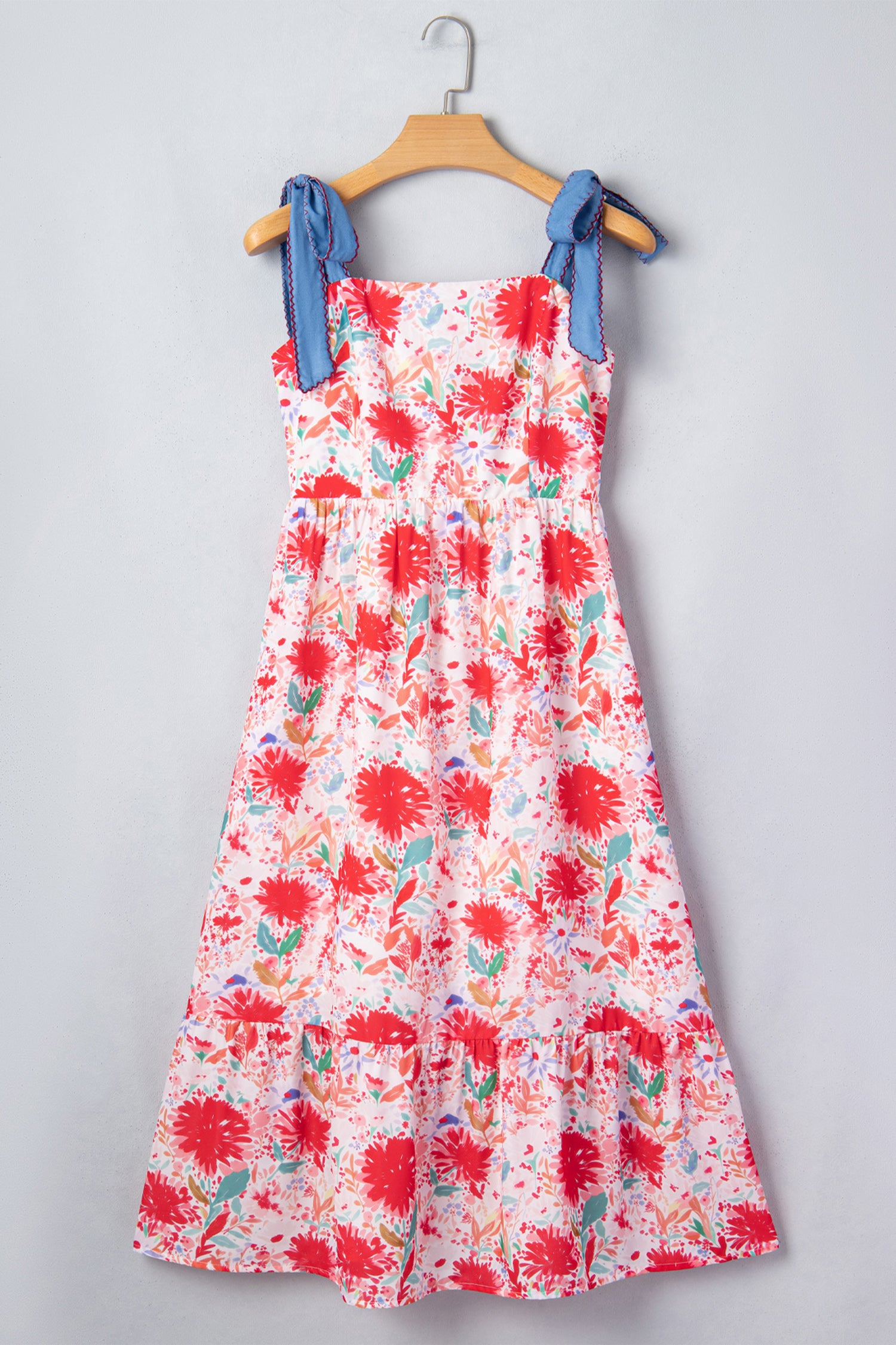 LivelyLooks Yellow Floral Print Contrast Stitched Knot Denim Straps High Waist Dress women's fashion