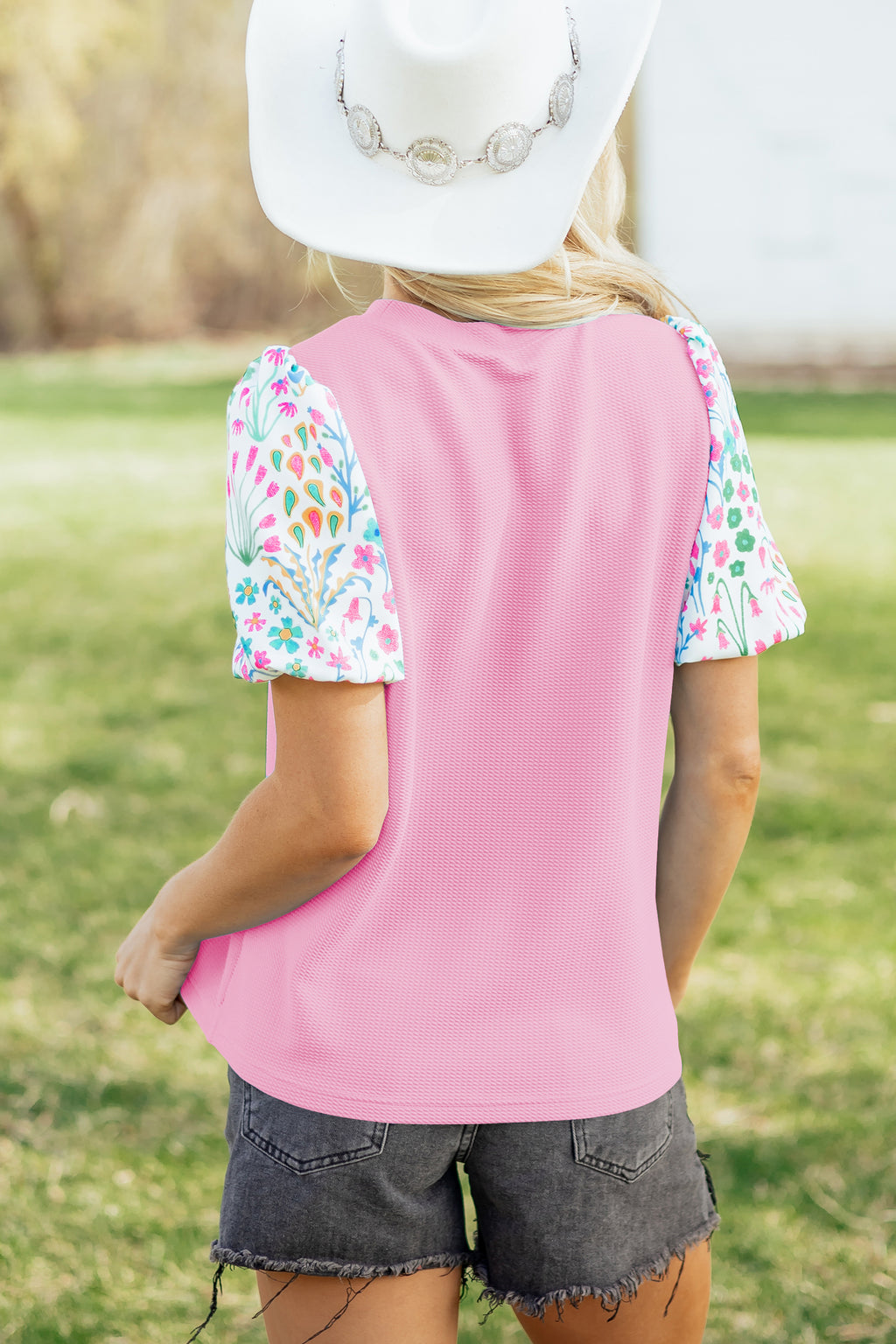 Pink Floral Bubble Sleeve Textured Contrast Round Neck Blouse